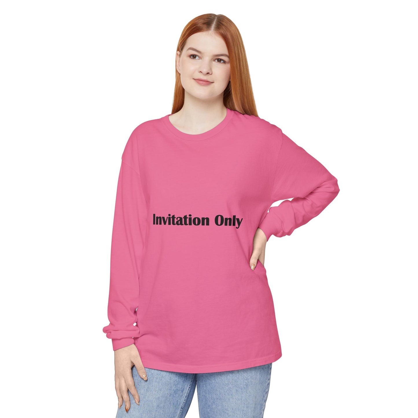 Invitation Only Long Sleeve Tee — Minimal Pink Text Graphic