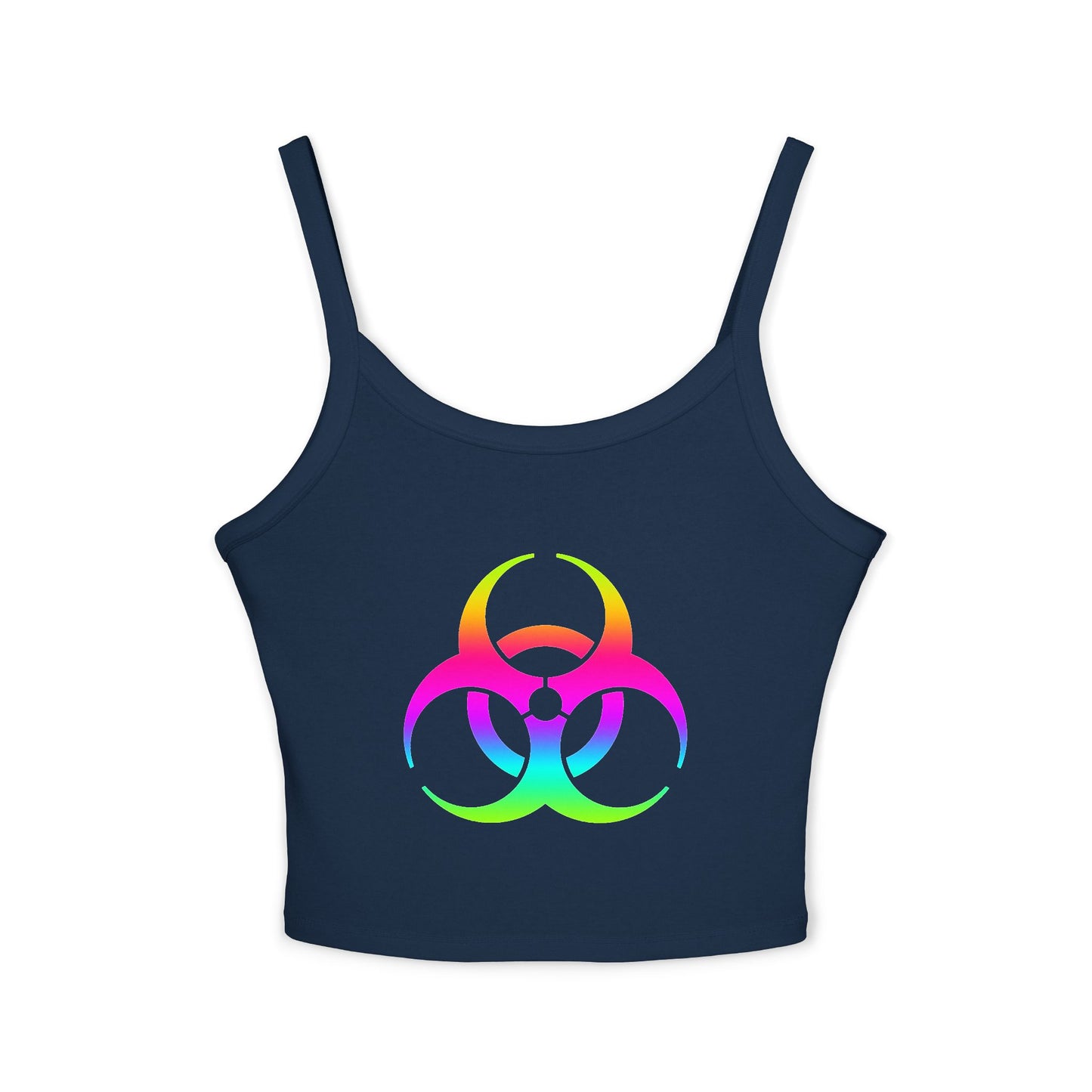 Rainbow Biohazard Crop Tank Top – Neon Hazard Symbol Spaghetti Strap