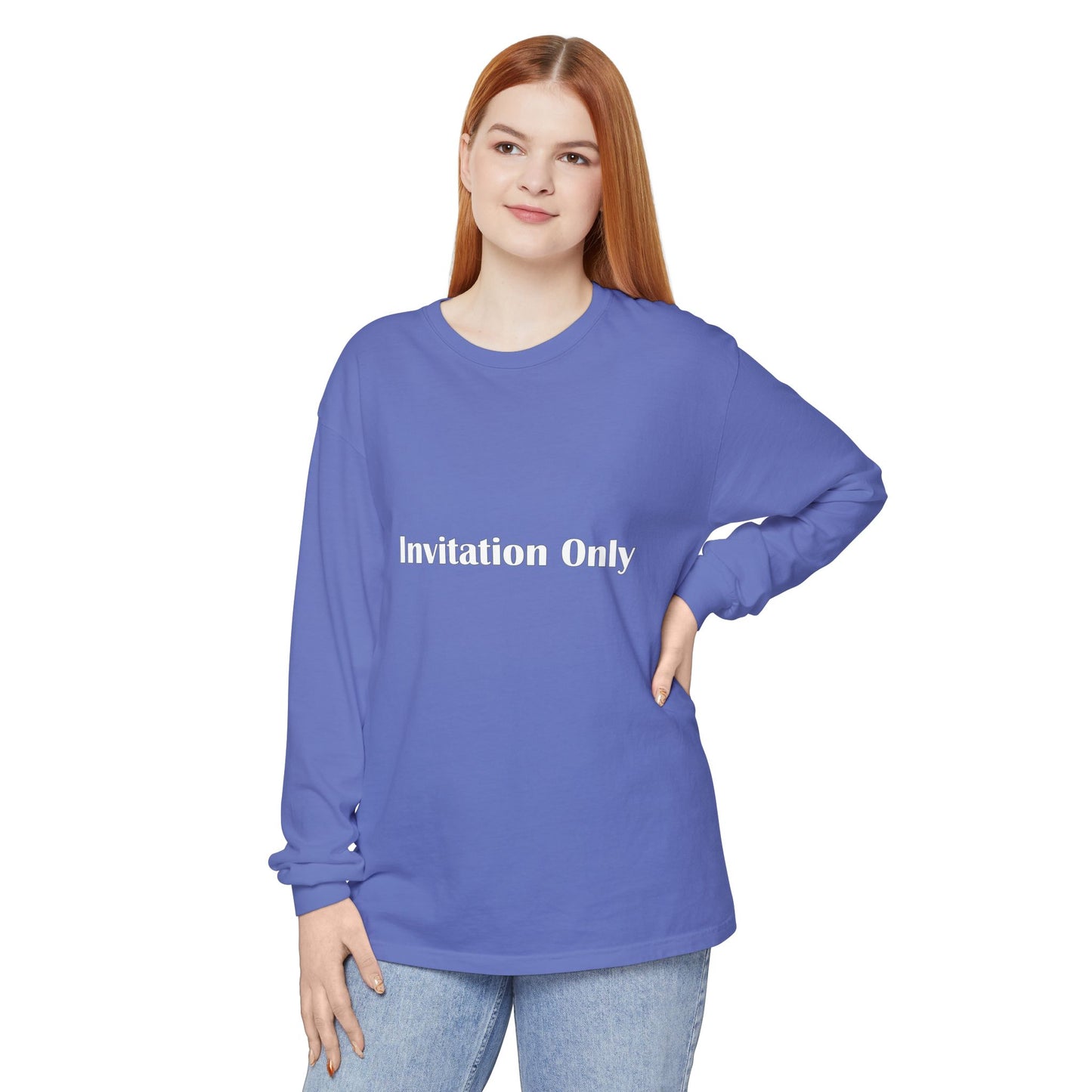Invitation Only Long Sleeve Tee — Minimal Pink Text Graphic