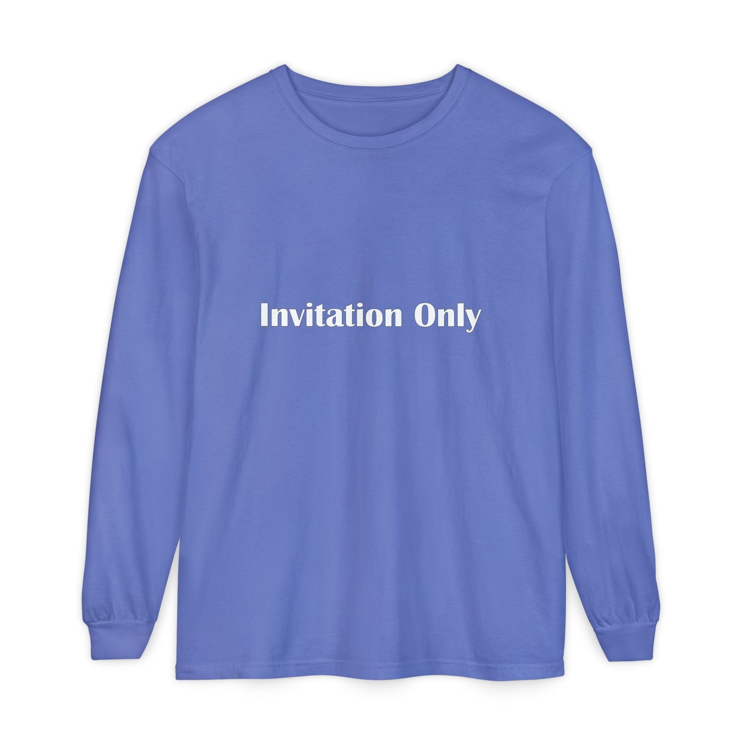 Invitation Only Long Sleeve Tee — Minimal Pink Text Graphic