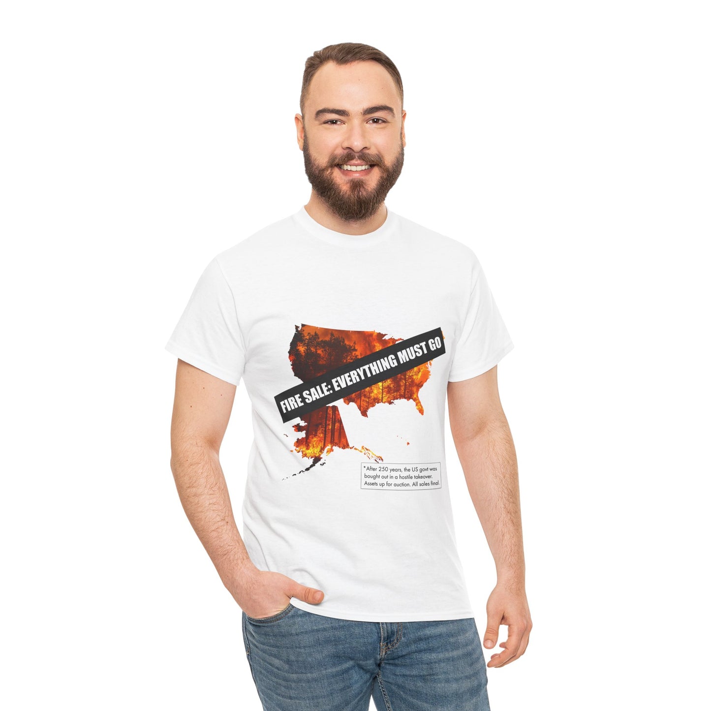 250th anniversary T-Shirt — USA on Fire Graphic Tee with “Fire Sale: Everything Must Go” Text