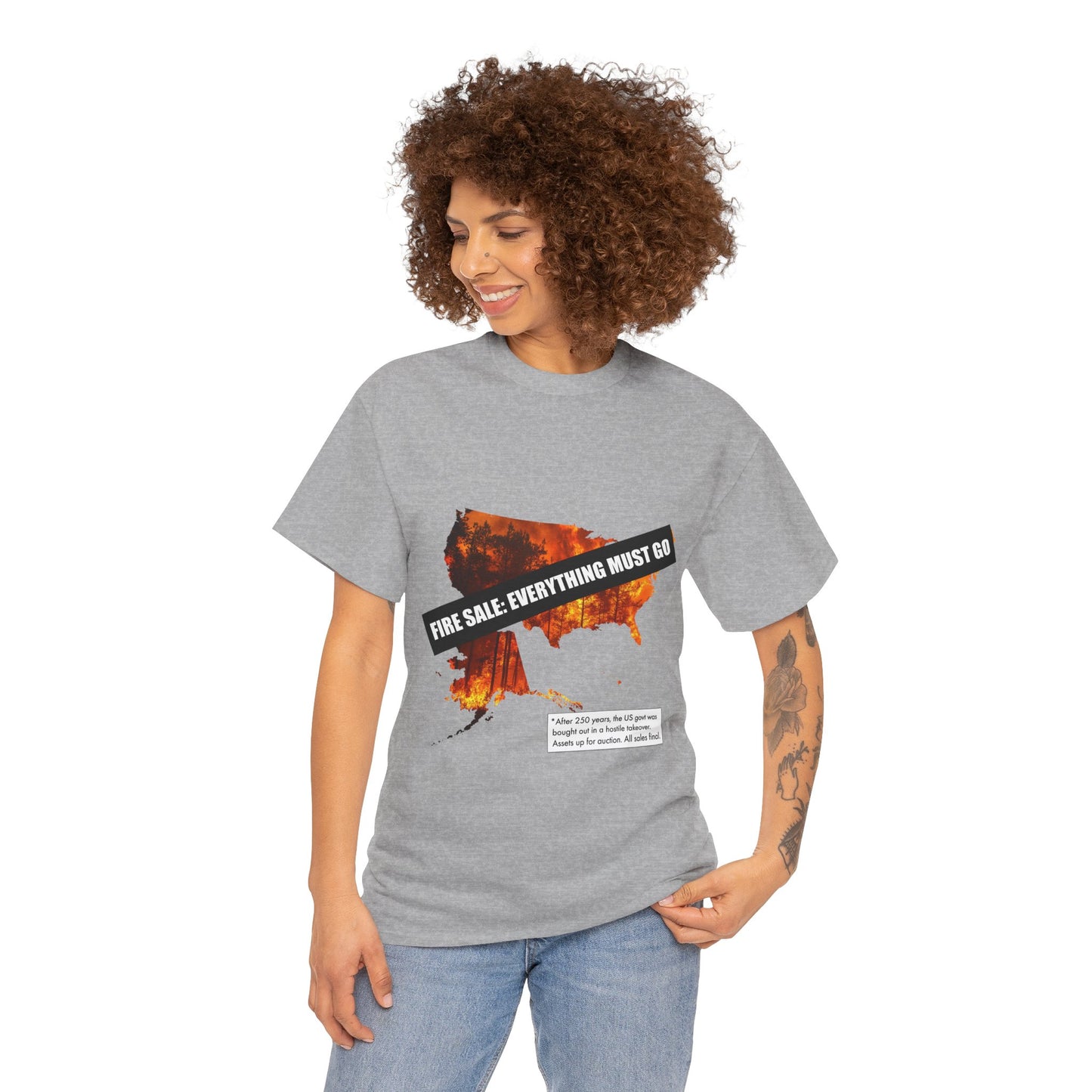 250th anniversary T-Shirt — USA on Fire Graphic Tee with “Fire Sale: Everything Must Go” Text