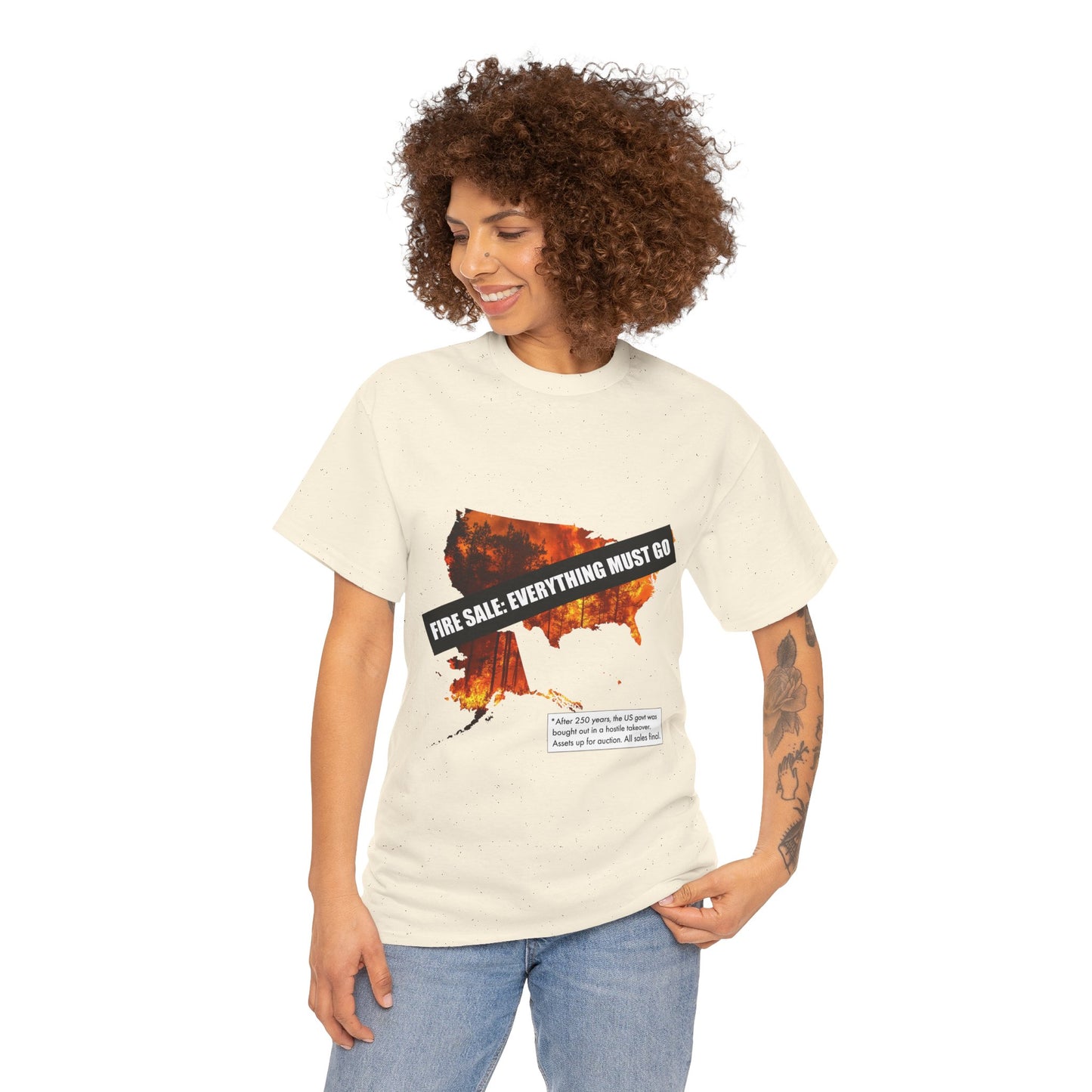 250th anniversary T-Shirt — USA on Fire Graphic Tee with “Fire Sale: Everything Must Go” Text