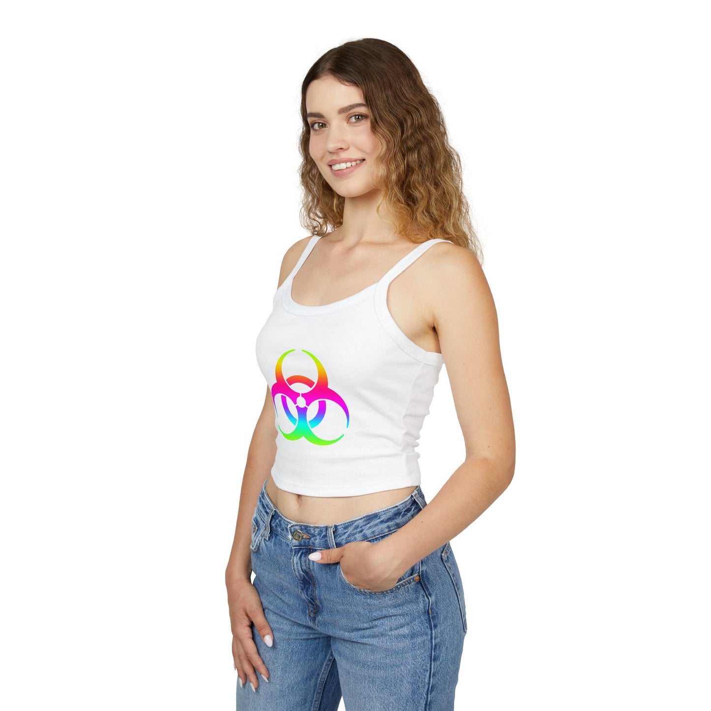 Rainbow Biohazard Crop Tank Top – Neon Hazard Symbol Spaghetti Strap