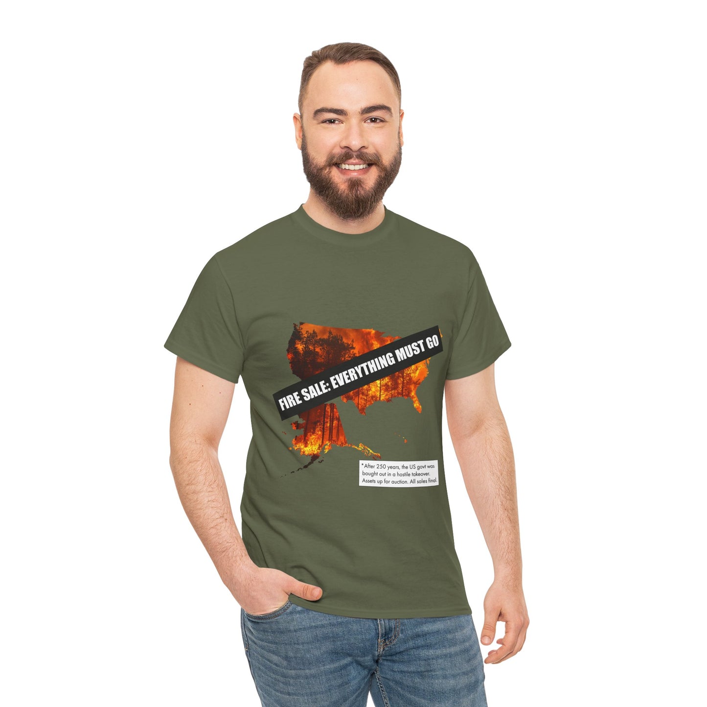 250th anniversary T-Shirt — USA on Fire Graphic Tee with “Fire Sale: Everything Must Go” Text