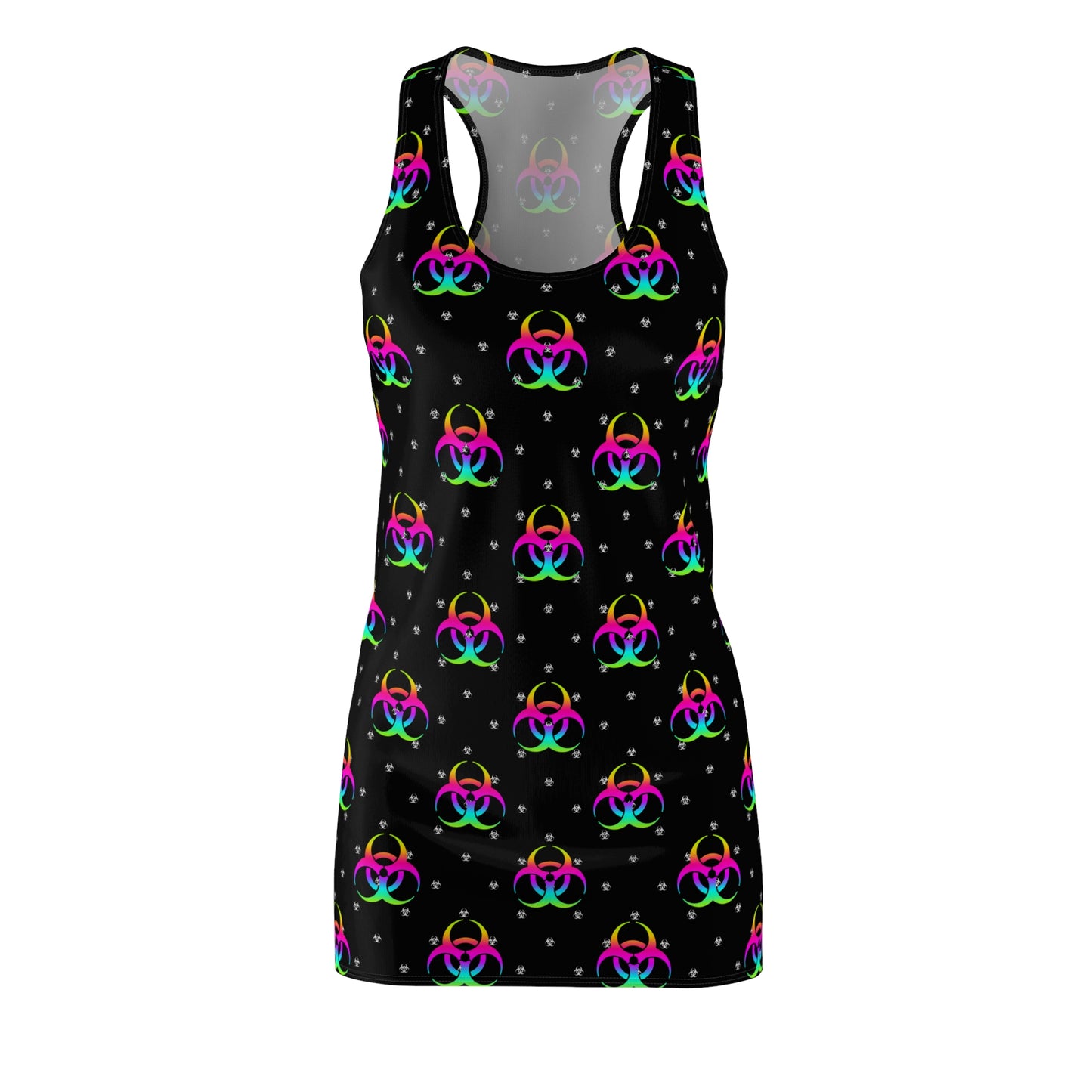 Neon Biohazard Racerback Dress — Black All-Over Print Clubwear