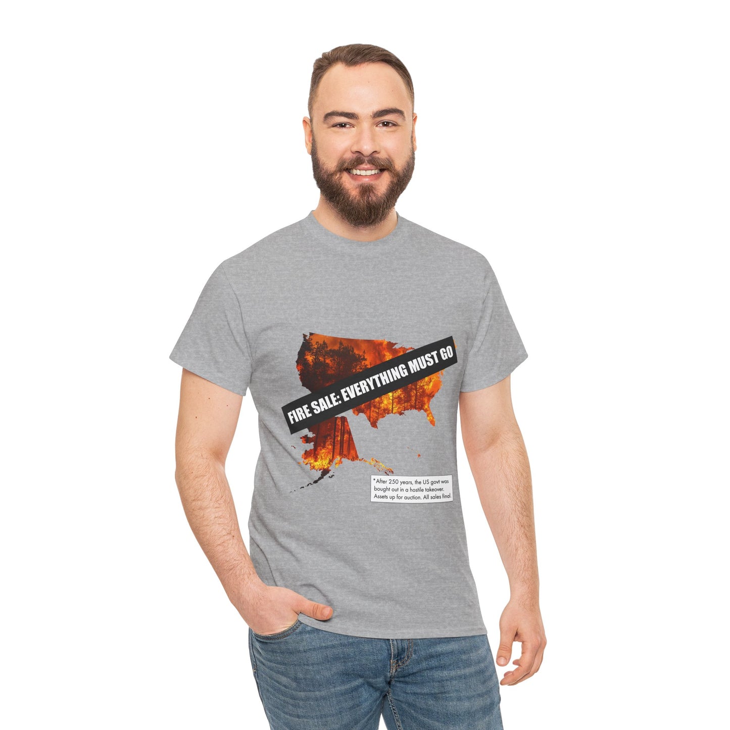 250th anniversary T-Shirt — USA on Fire Graphic Tee with “Fire Sale: Everything Must Go” Text