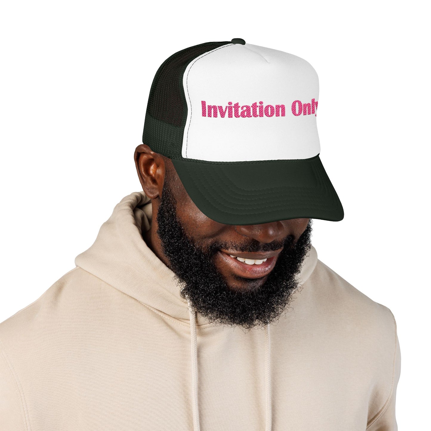Invitation Only Trucker Hat — Pink Text Foam Cap