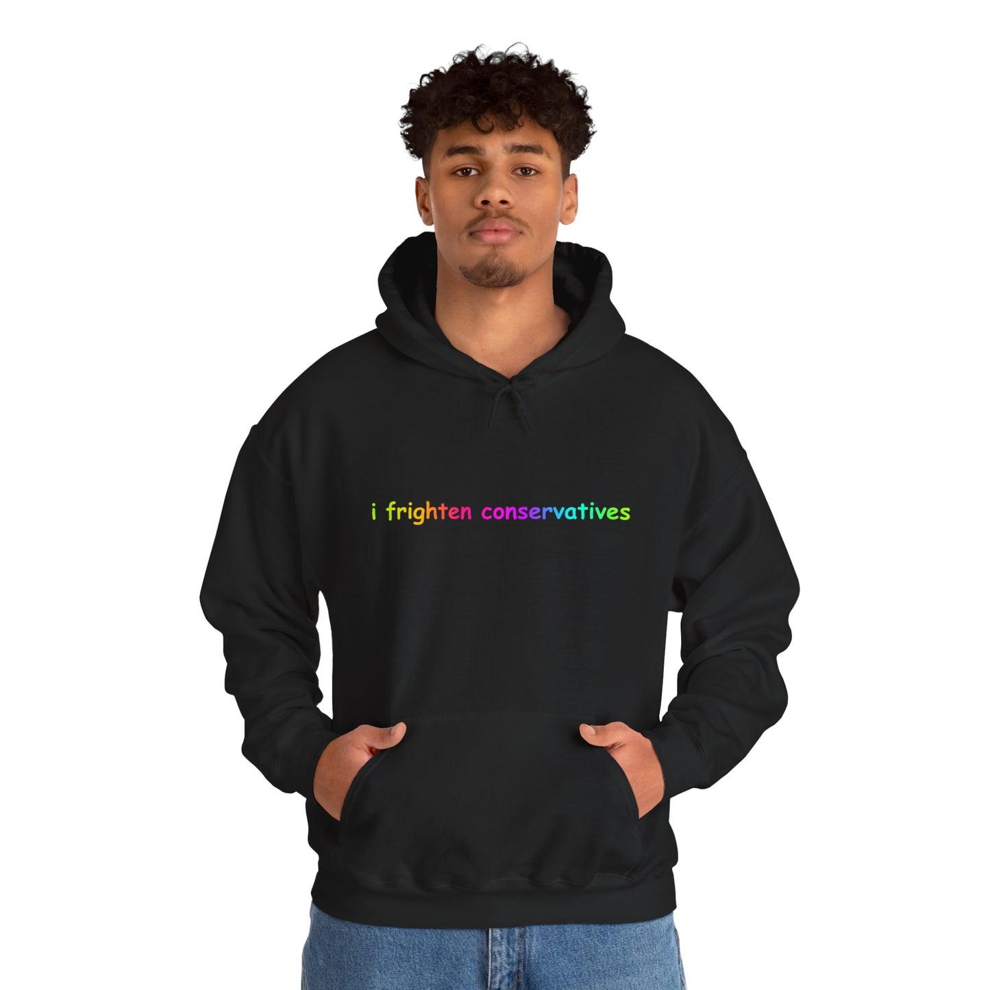 Hoodie — "I Frighten Conservatives" Rainbow Text Pullover