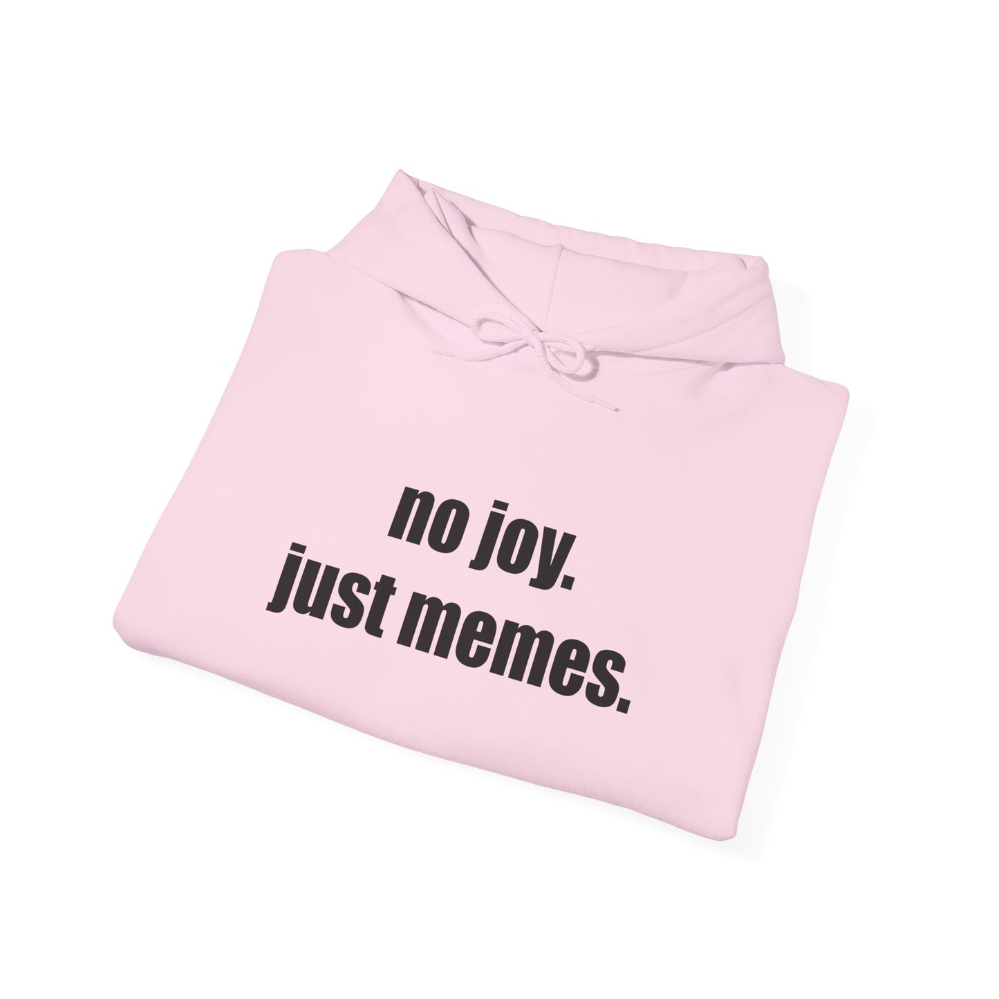 Hoodie — "no joy. just memes." Minimal Meme Text Pullover