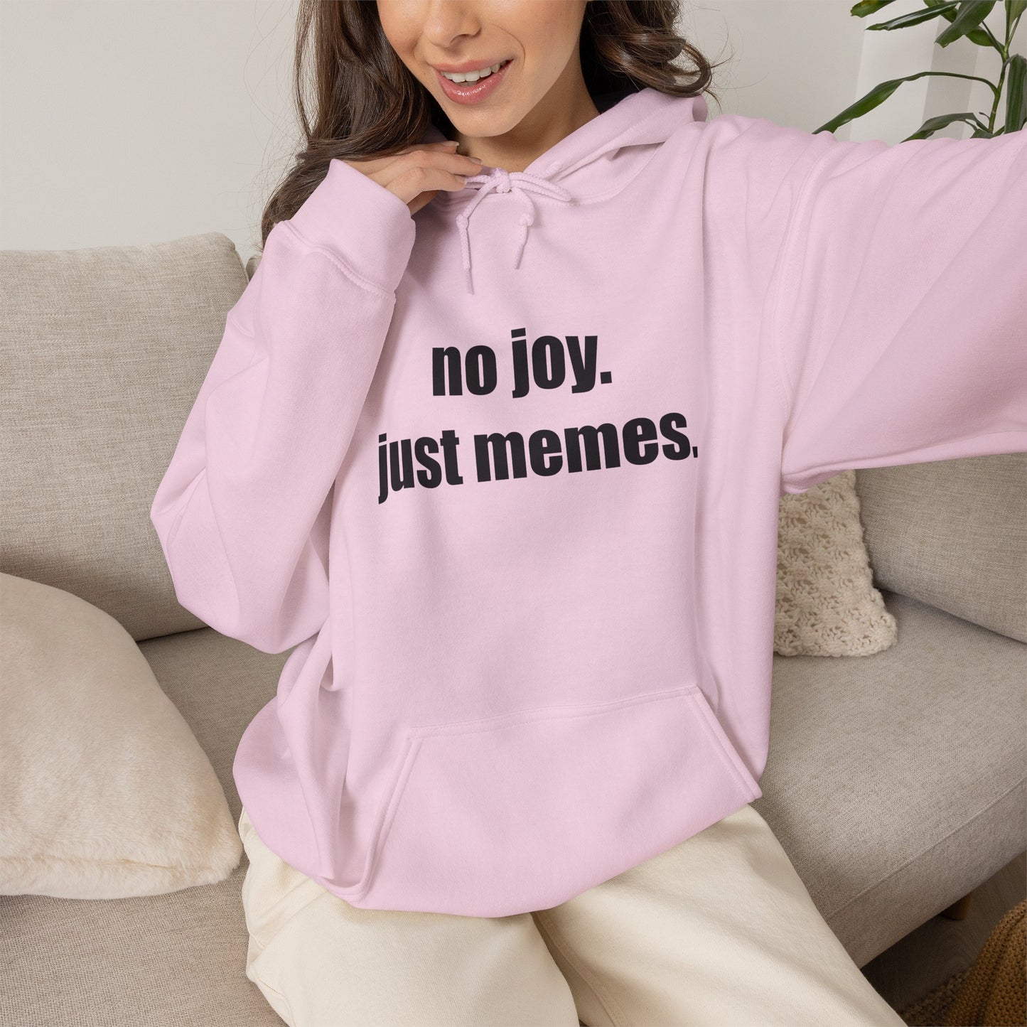 Hoodie — "no joy. just memes." Minimal Meme Text Pullover