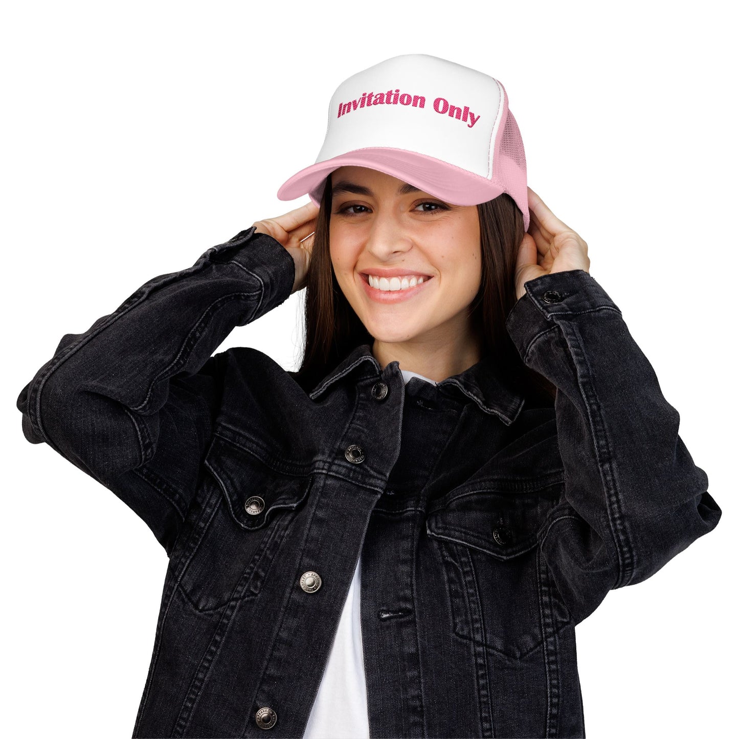 Invitation Only Trucker Hat — Pink Text Foam Cap