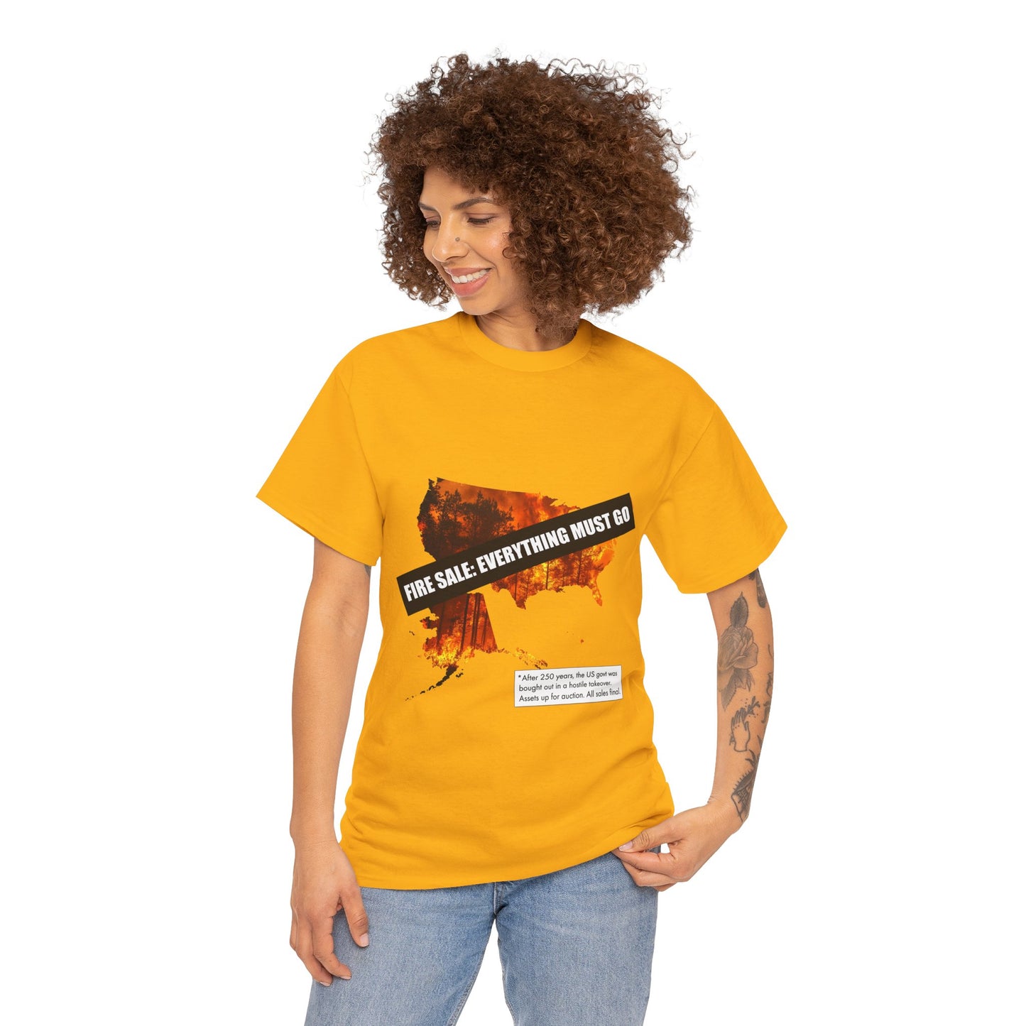 250th anniversary T-Shirt — USA on Fire Graphic Tee with “Fire Sale: Everything Must Go” Text