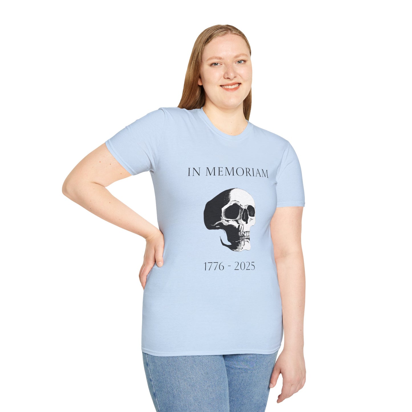 In Memoriam Skull Graphic T-Shirt, Unisex Casual Tee in Remembrance for the Death of Liberty
