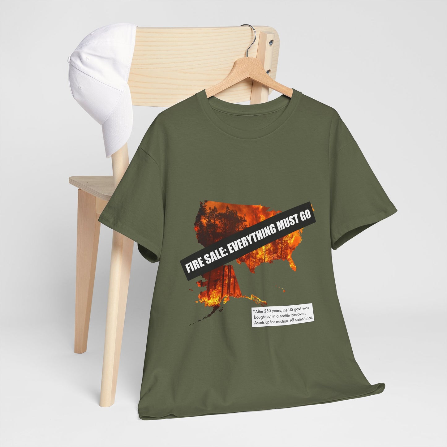 250th anniversary T-Shirt — USA on Fire Graphic Tee with “Fire Sale: Everything Must Go” Text