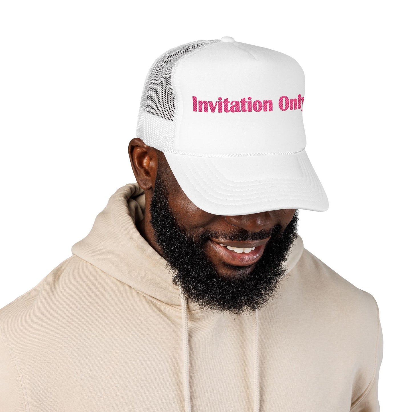Invitation Only Trucker Hat — Pink Text Foam Cap