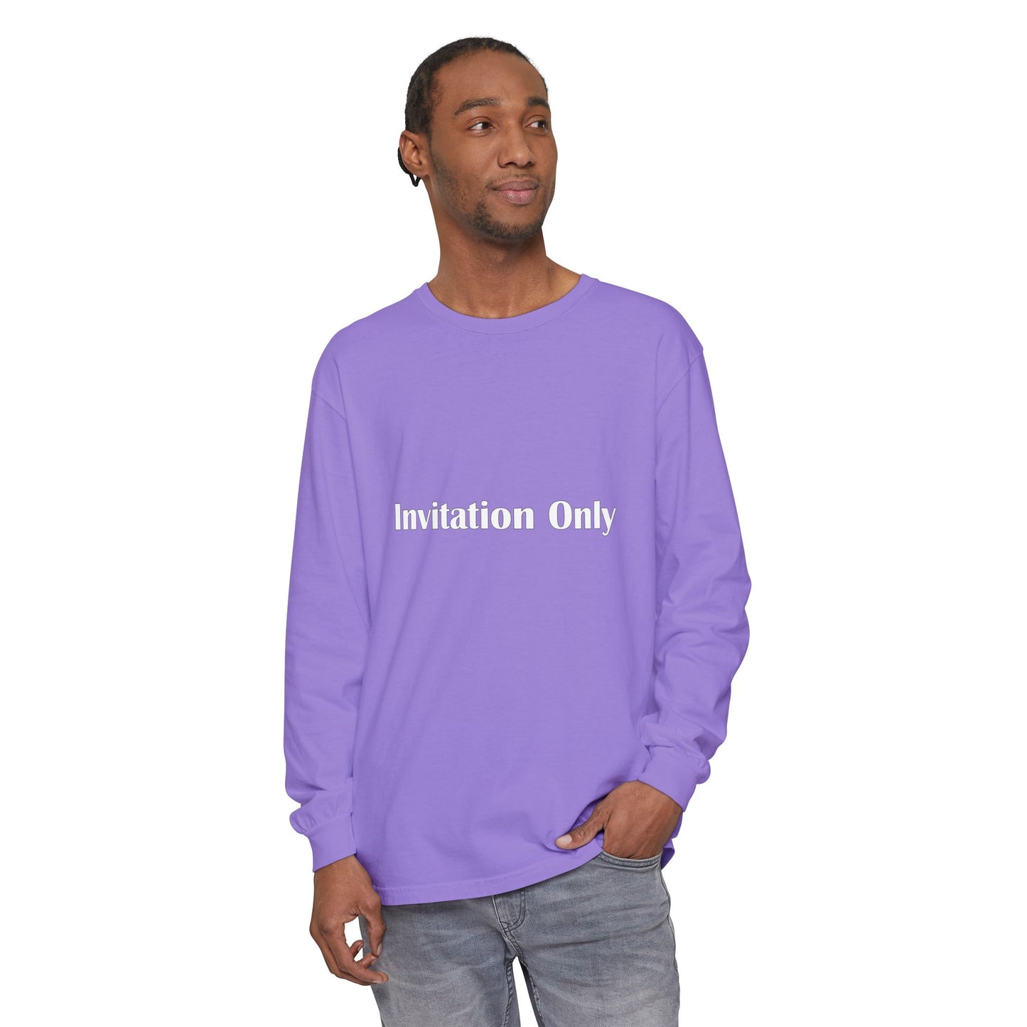 Invitation Only Long Sleeve Tee — Minimal Pink Text Graphic