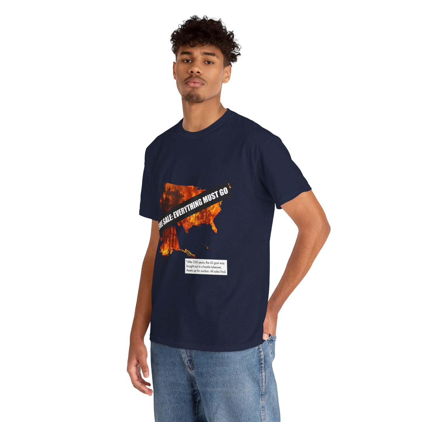 250th anniversary T-Shirt — USA on Fire Graphic Tee with “Fire Sale: Everything Must Go” Text