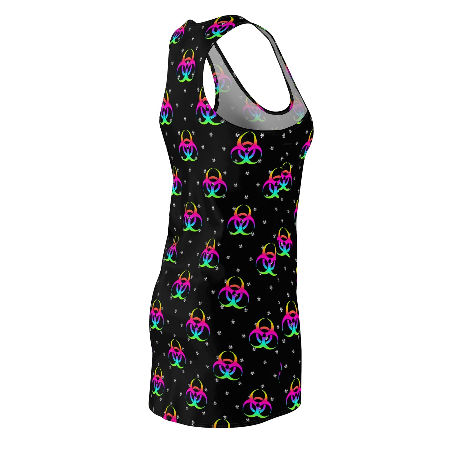 Neon Biohazard Racerback Dress — Black All-Over Print Clubwear