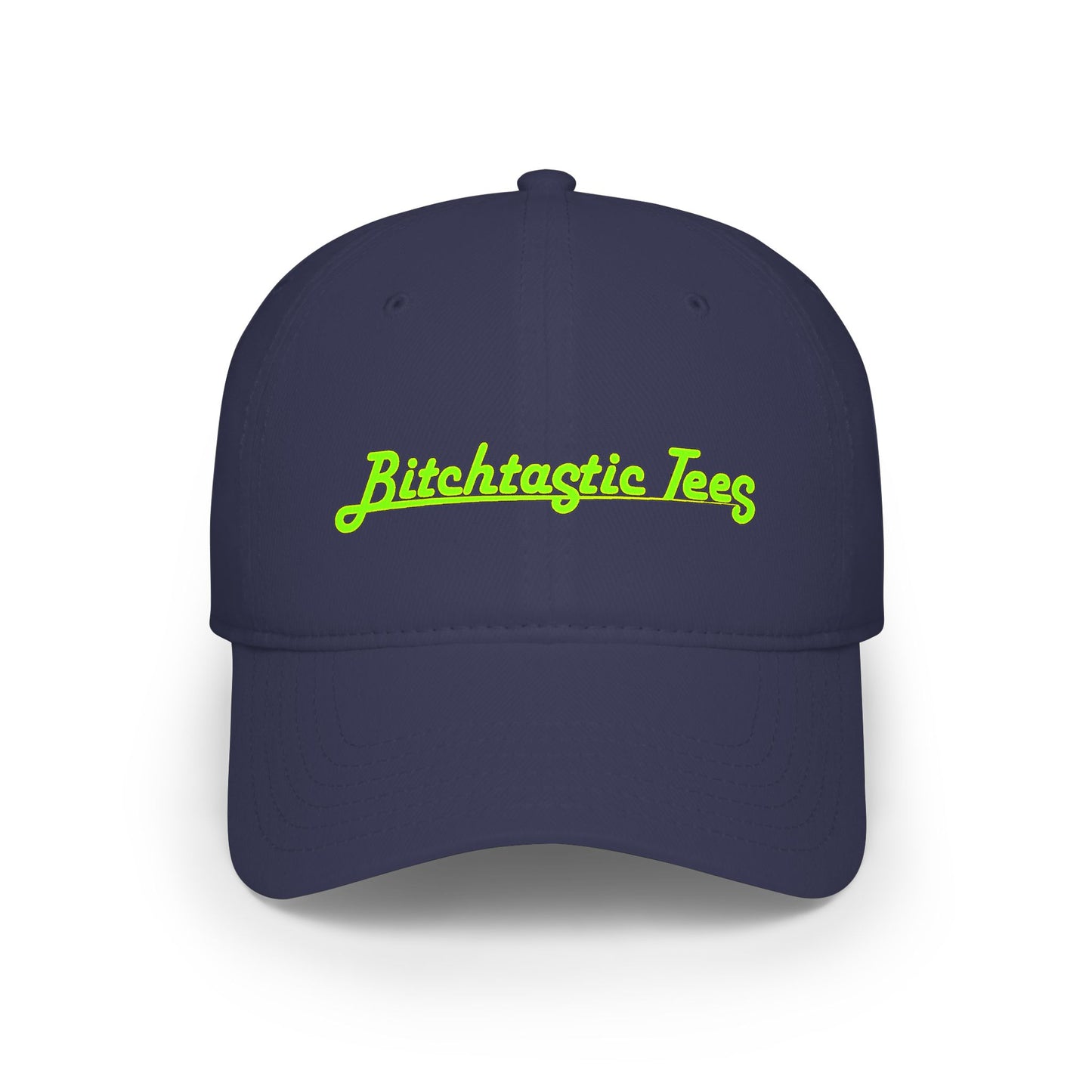Printed "Bitchtastic Tees" Low Profile Baseball Cap — Retro Script Logo Hat