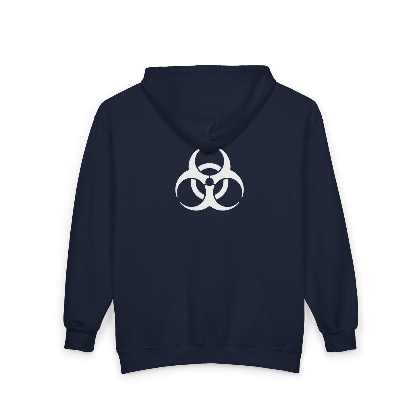 Fire. Zip Hoodie with Biohazard Back Graphic — Edgy Streetwear Zip-Up