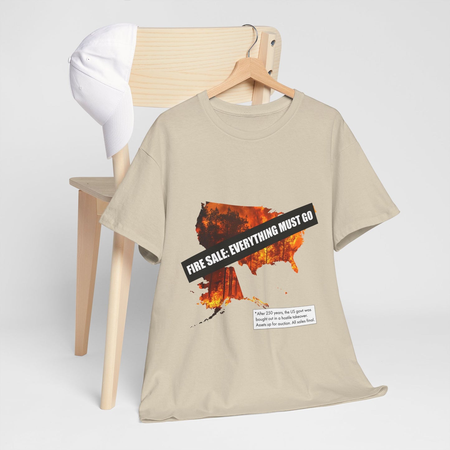 250th anniversary T-Shirt — USA on Fire Graphic Tee with “Fire Sale: Everything Must Go” Text