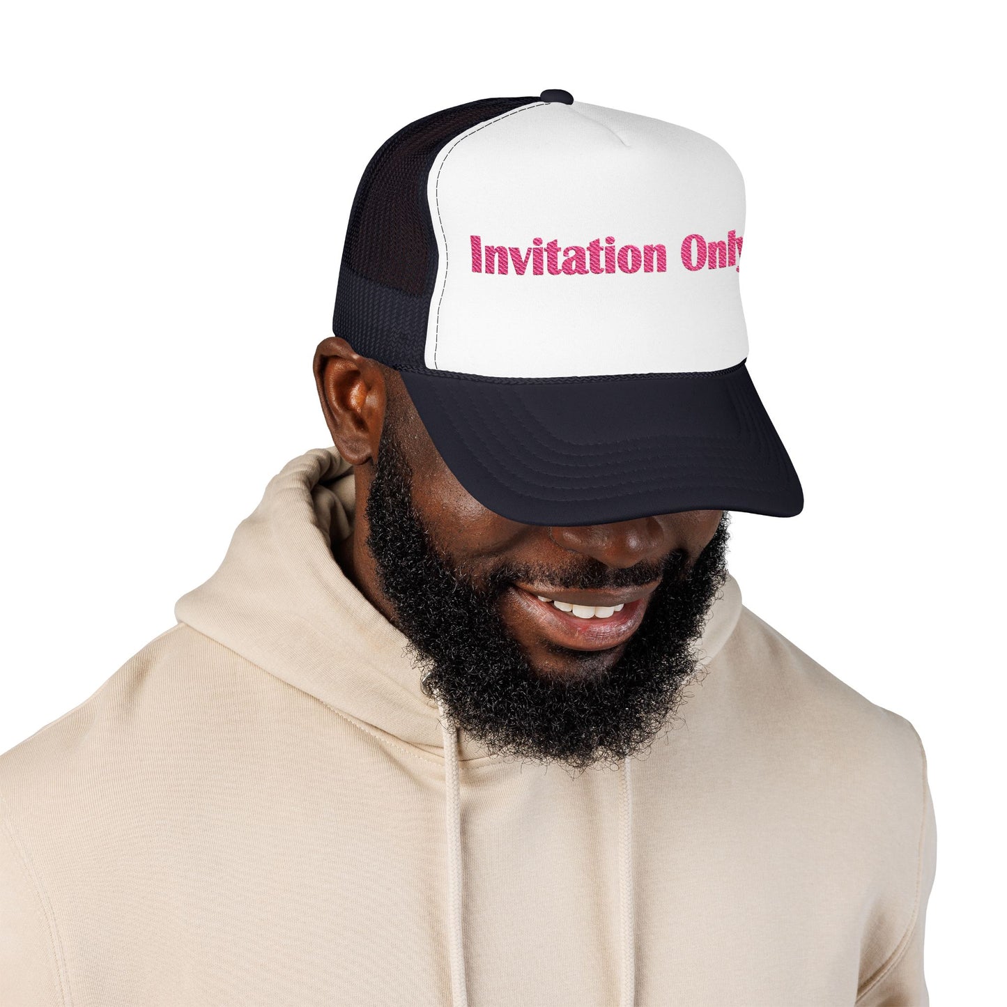 Invitation Only Trucker Hat — Pink Text Foam Cap