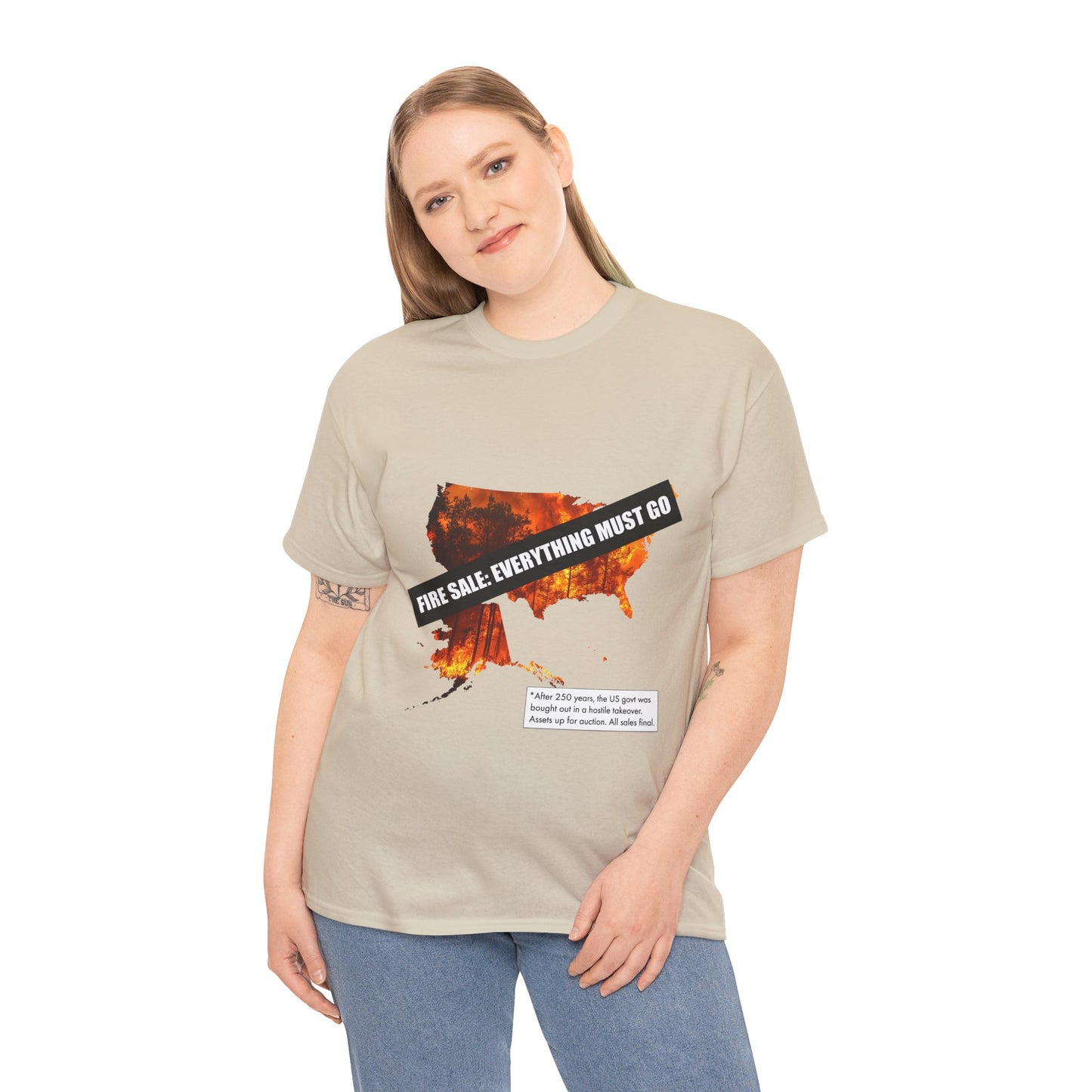 250th anniversary T-Shirt — USA on Fire Graphic Tee with “Fire Sale: Everything Must Go” Text