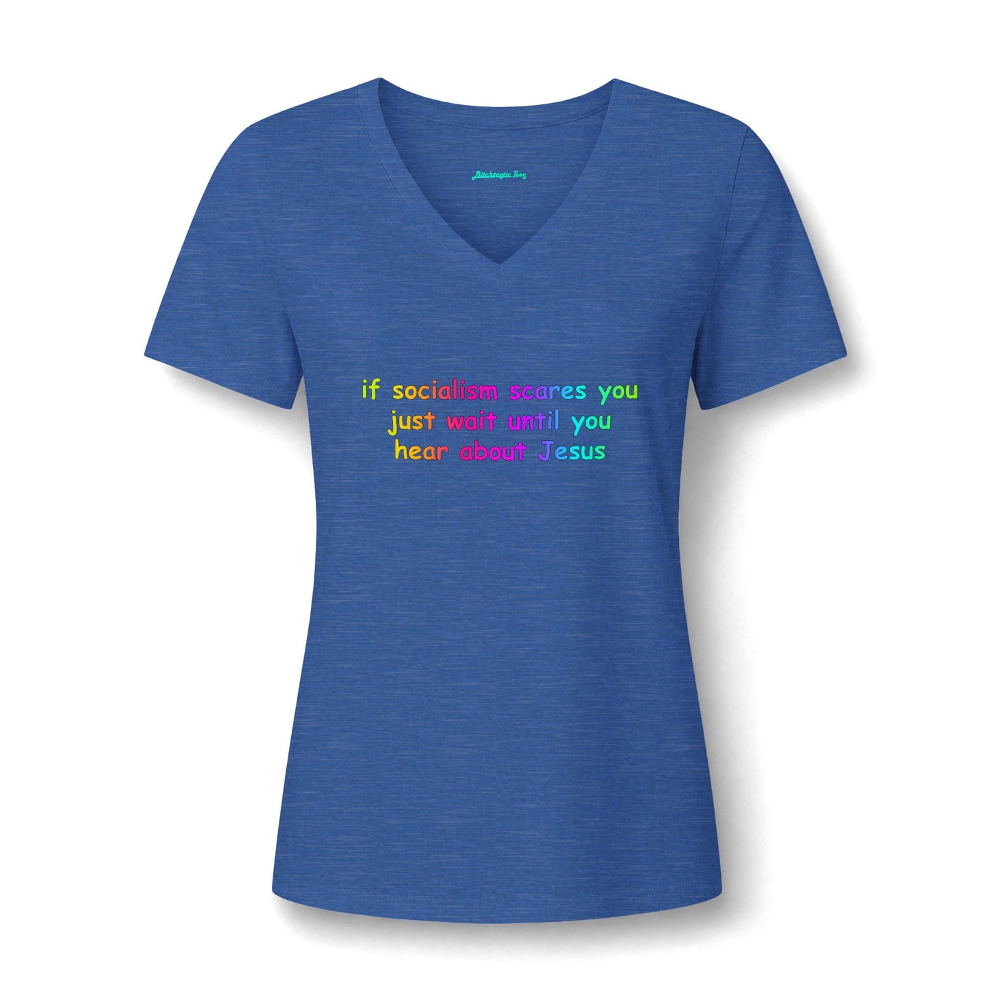 Women's V-Neck Tee — Socialist Jesus Ironic Graphic Shirt