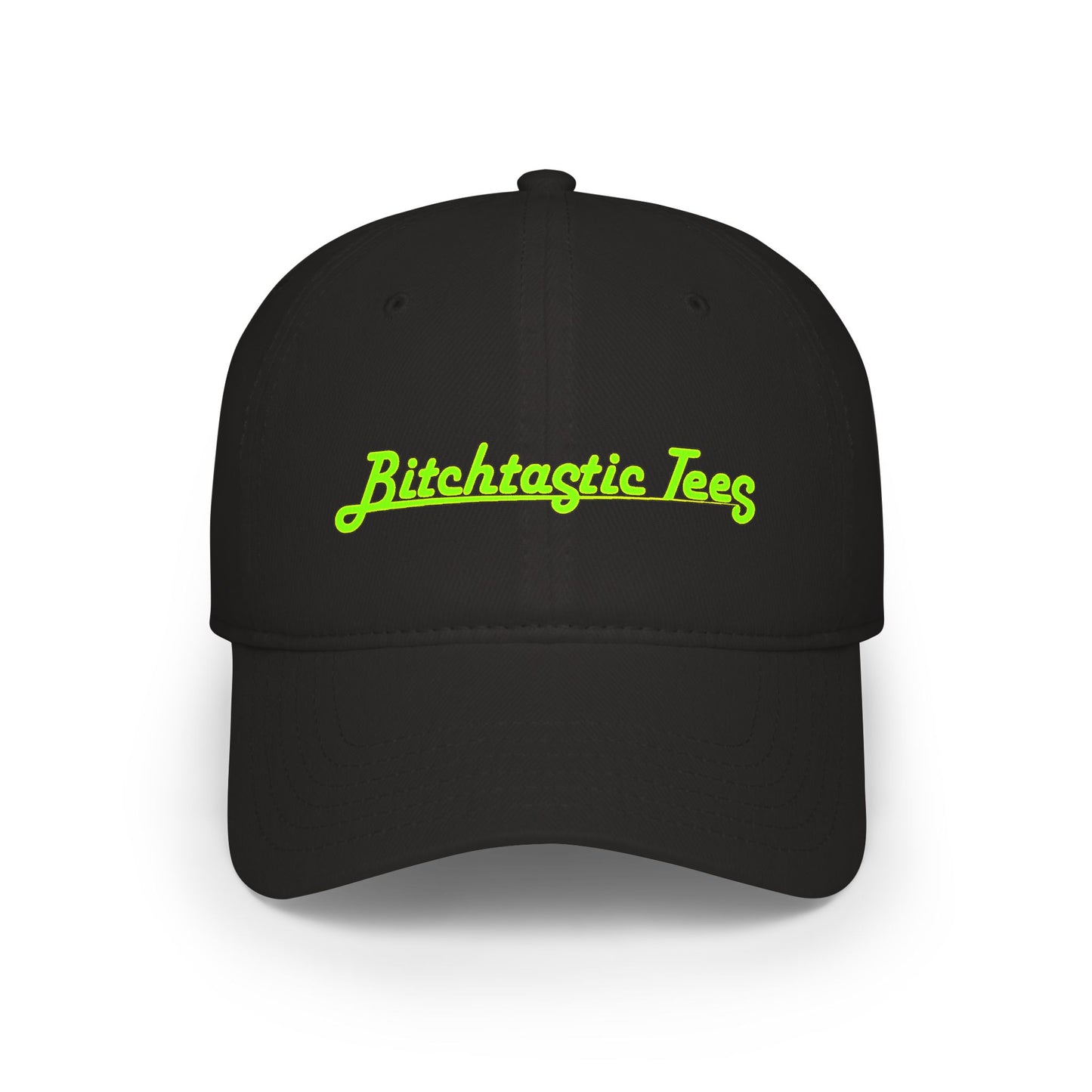 Printed "Bitchtastic Tees" Low Profile Baseball Cap — Retro Script Logo Hat