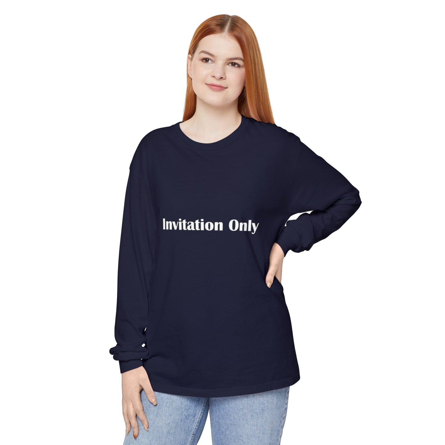 Invitation Only Long Sleeve Tee — Minimal Pink Text Graphic