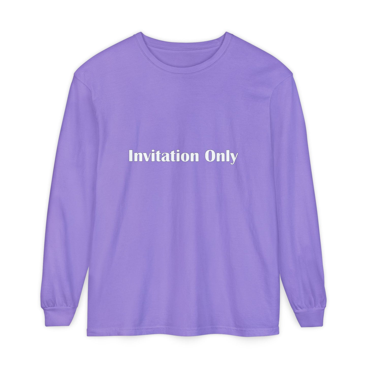 Invitation Only Long Sleeve Tee — Minimal Pink Text Graphic
