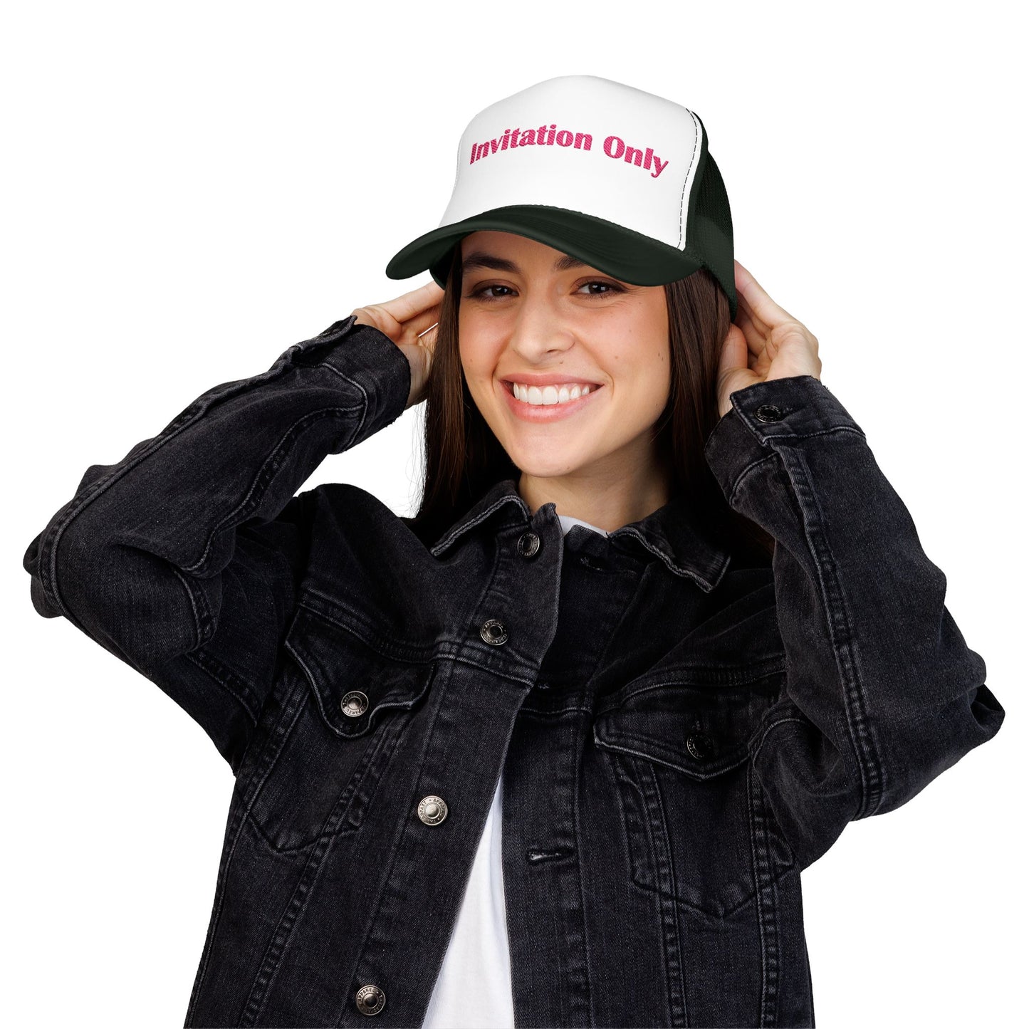 Invitation Only Trucker Hat — Pink Text Foam Cap