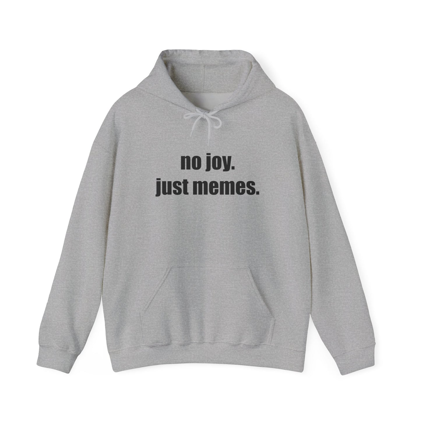 Hoodie — "no joy. just memes." Minimal Meme Text Pullover