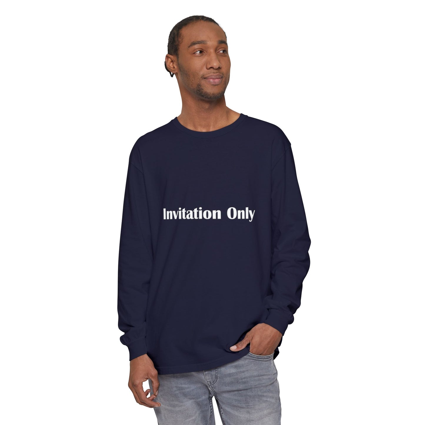 Invitation Only Long Sleeve Tee — Minimal Pink Text Graphic