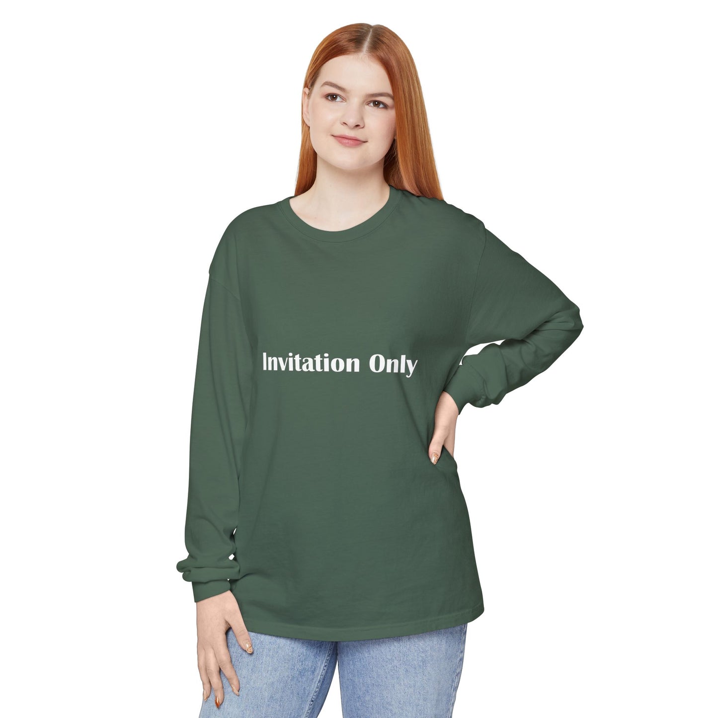 Invitation Only Long Sleeve Tee — Minimal Pink Text Graphic