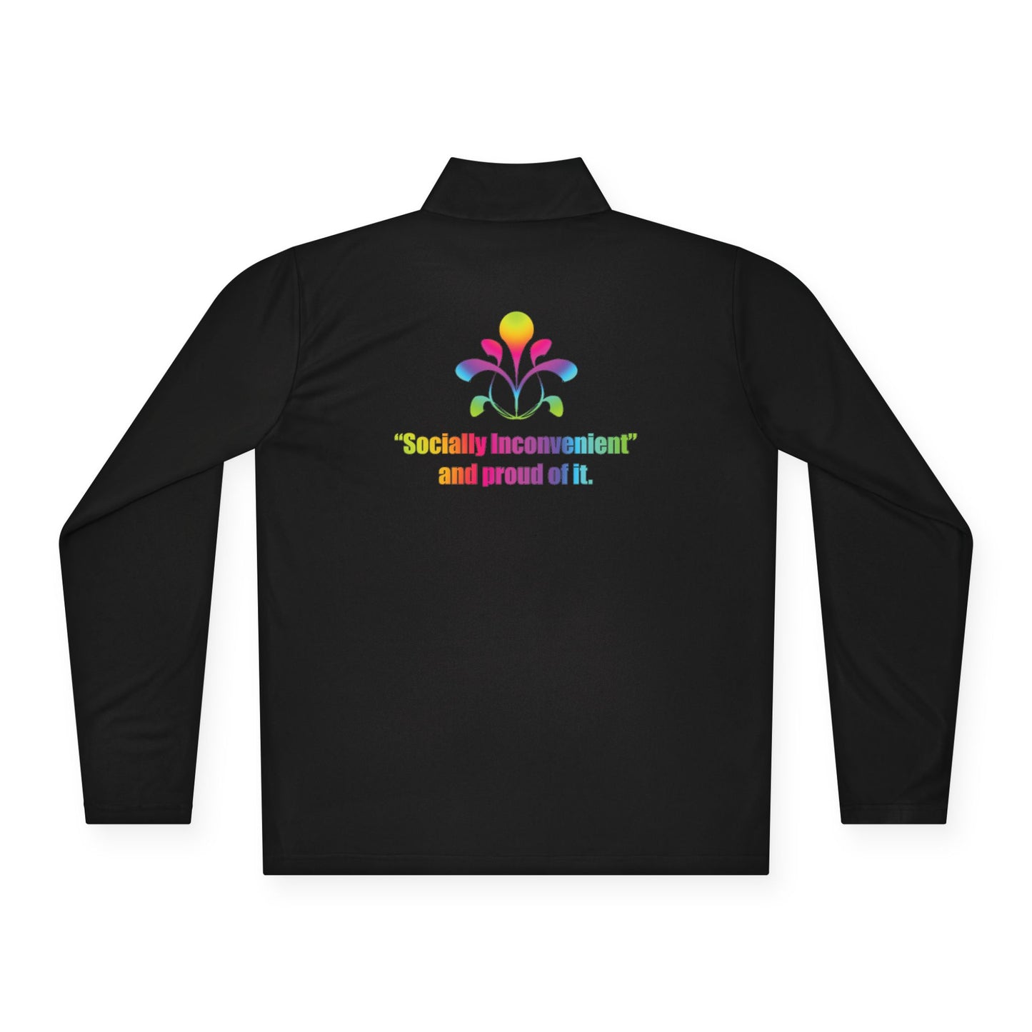 Quarter-Zip Pullover — Colorful Retro Flower Graphic with "Socially Inconvenient" Text