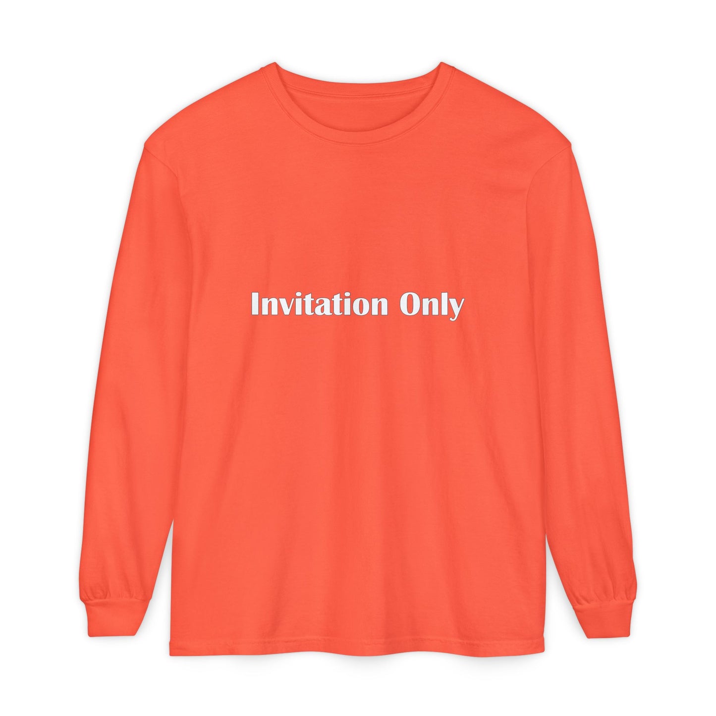 Invitation Only Long Sleeve Tee — Minimal Pink Text Graphic