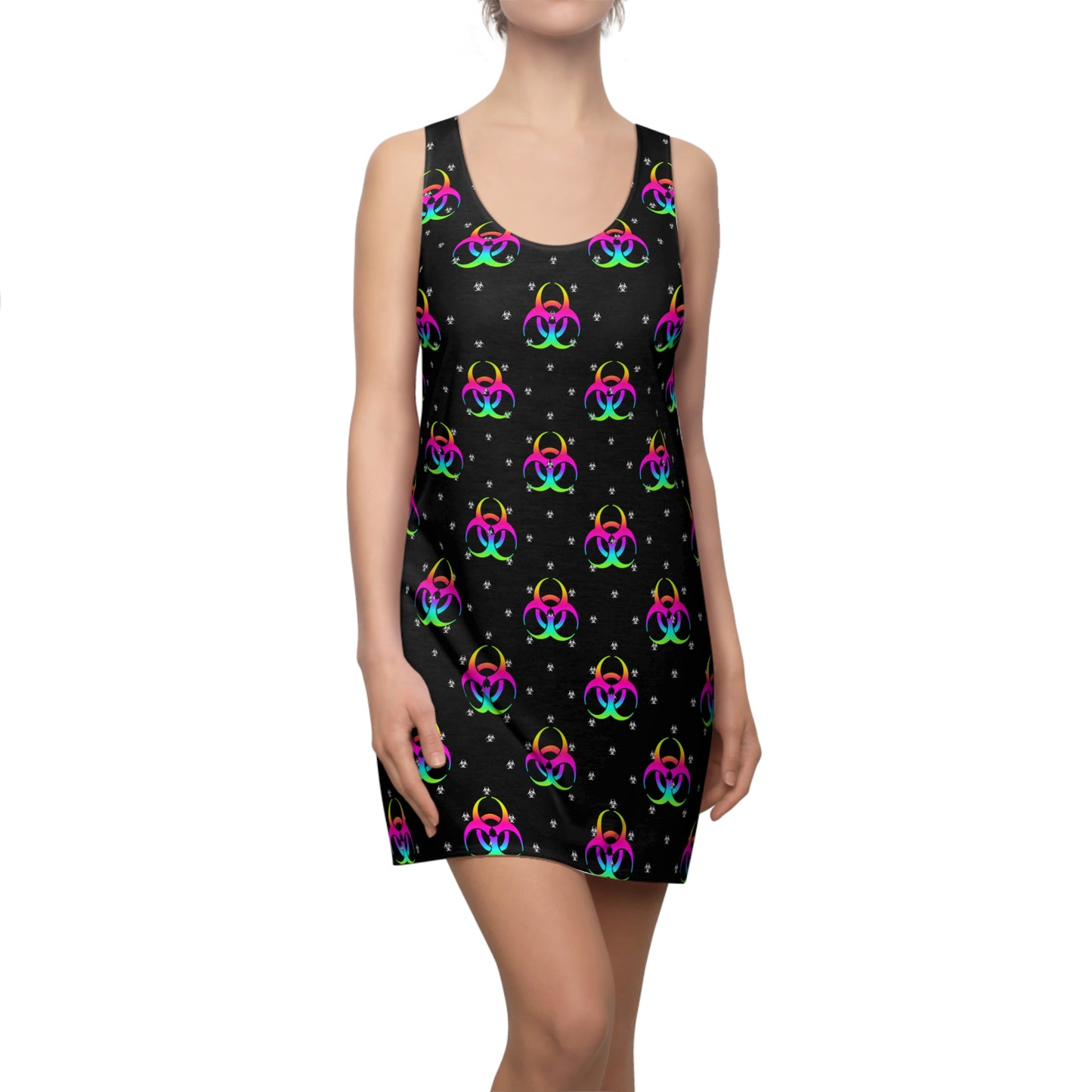 Neon Biohazard Racerback Dress — Black All-Over Print Clubwear