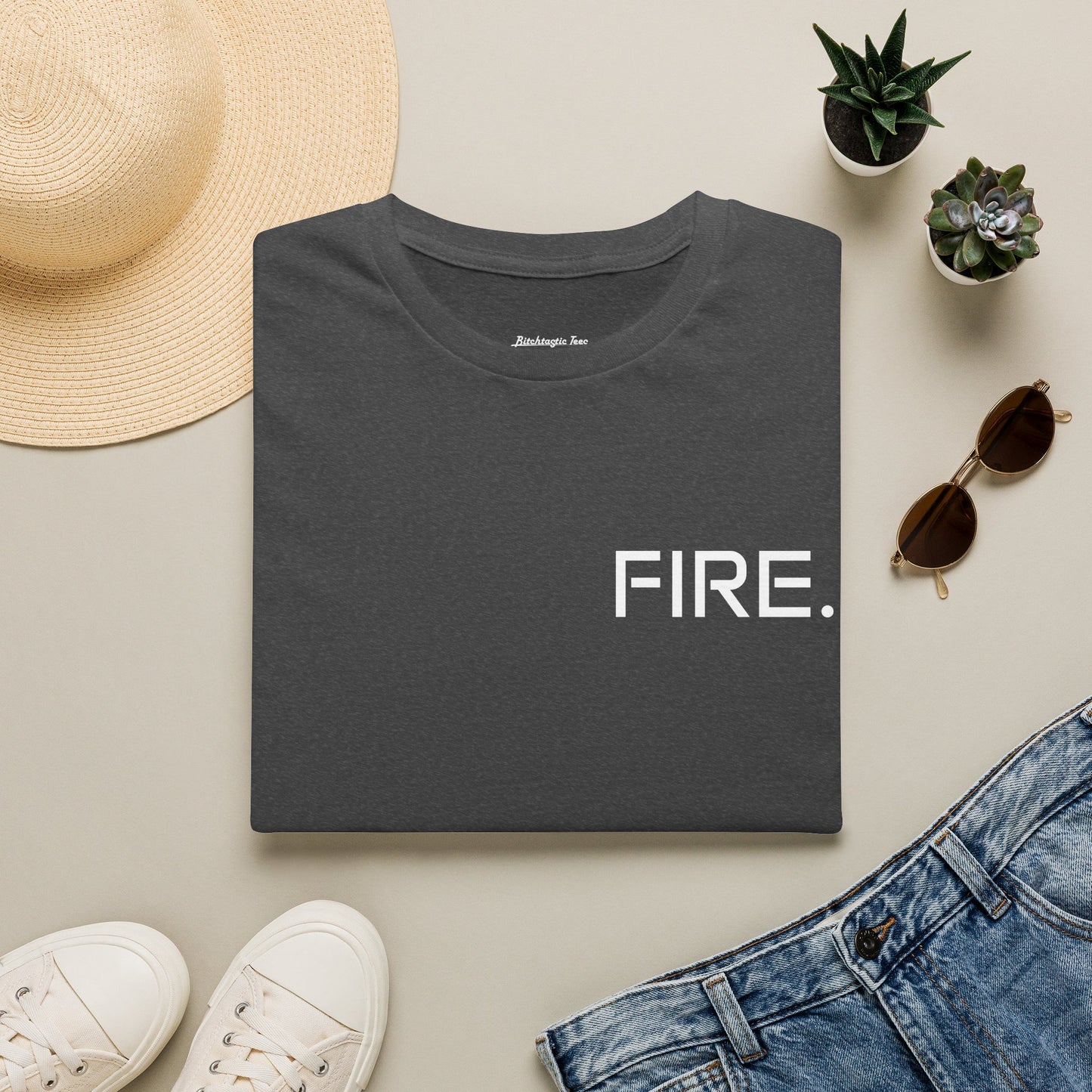 FIRE. Minimal Graphic T‑Shirt — Modern Casual Tee with Bold Text
