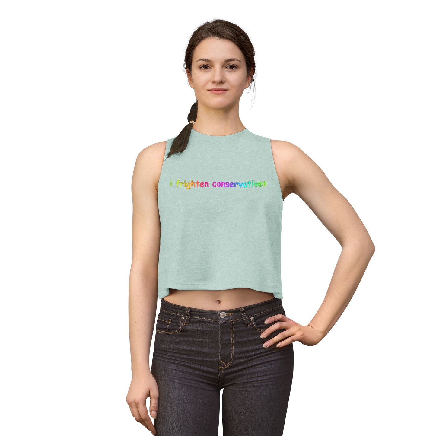 Crop Top — "I Frighten Conservatives" Rainbow Feminist Graphic