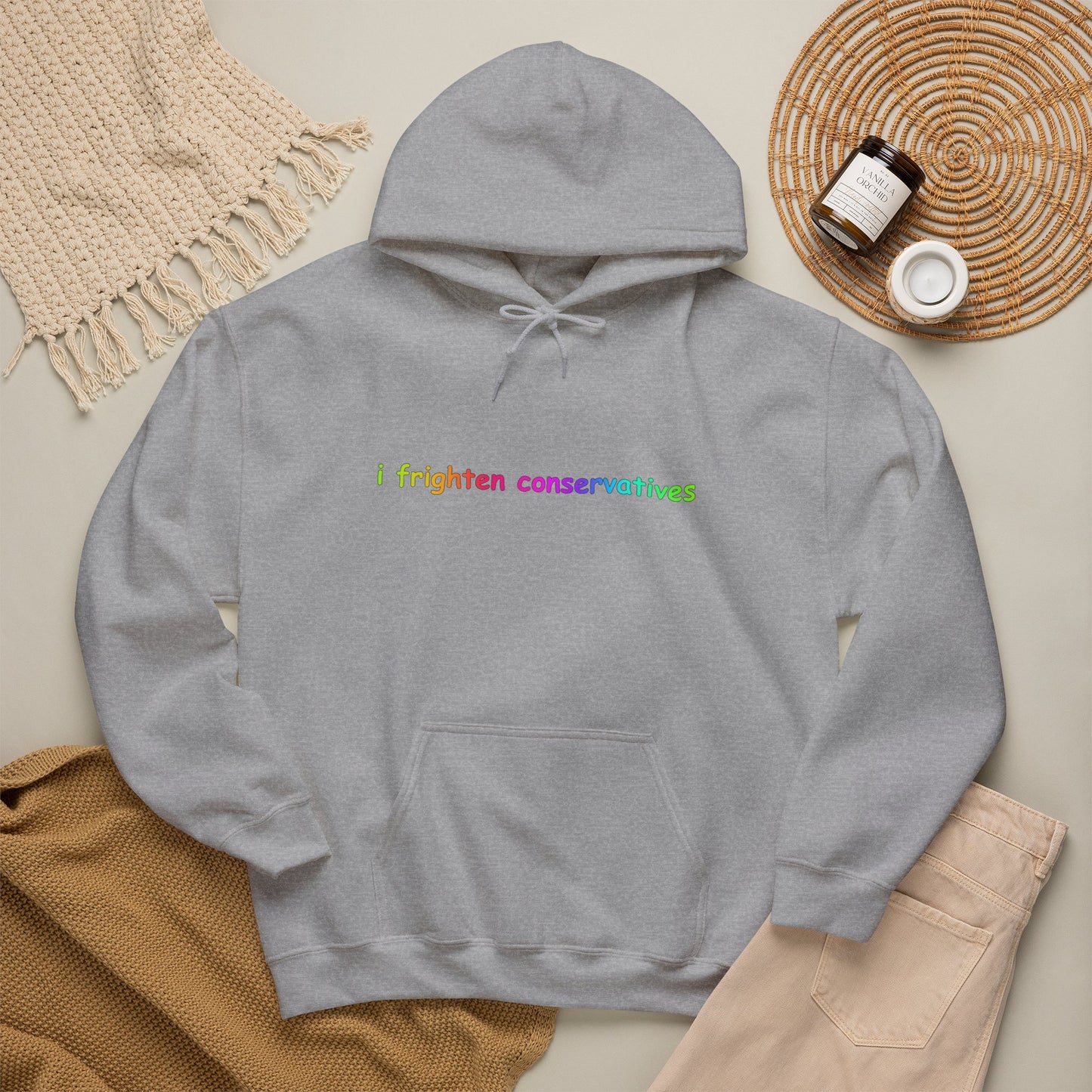 Hoodie — "I Frighten Conservatives" Rainbow Text Pullover