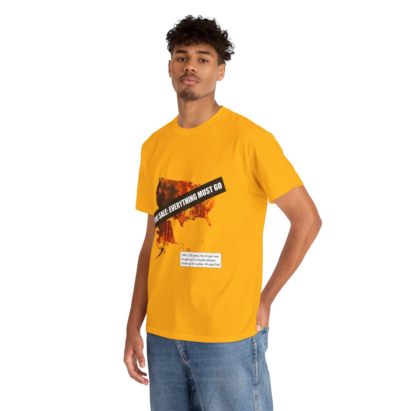 250th anniversary T-Shirt — USA on Fire Graphic Tee with “Fire Sale: Everything Must Go” Text