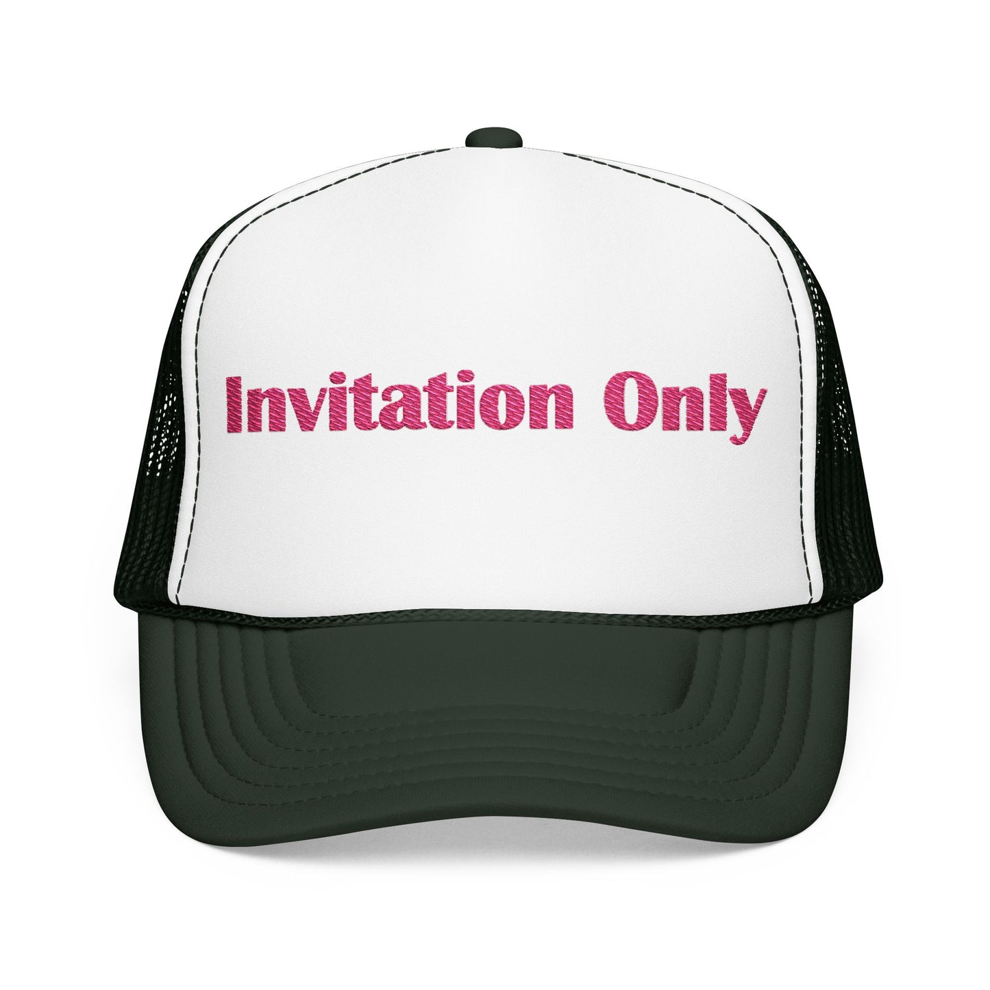 Invitation Only Trucker Hat — Pink Text Foam Cap