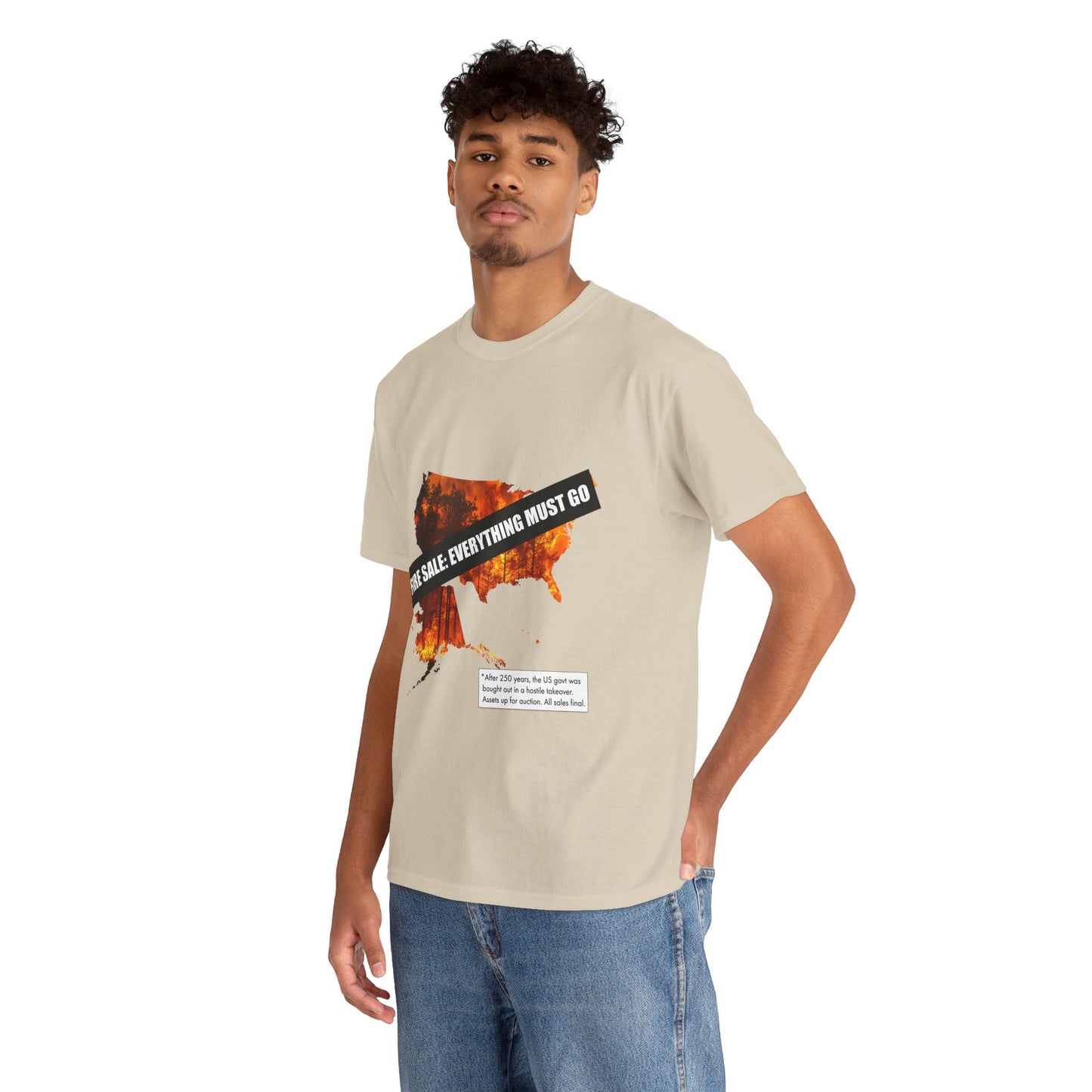250th anniversary T-Shirt — USA on Fire Graphic Tee with “Fire Sale: Everything Must Go” Text