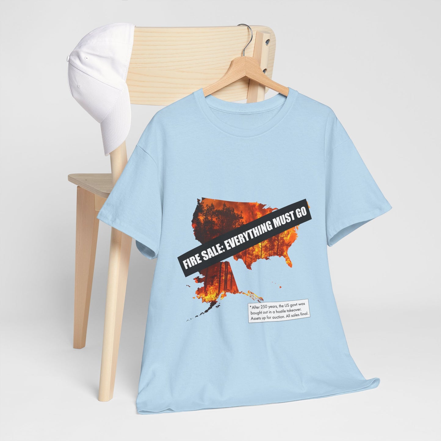 250th anniversary T-Shirt — USA on Fire Graphic Tee with “Fire Sale: Everything Must Go” Text