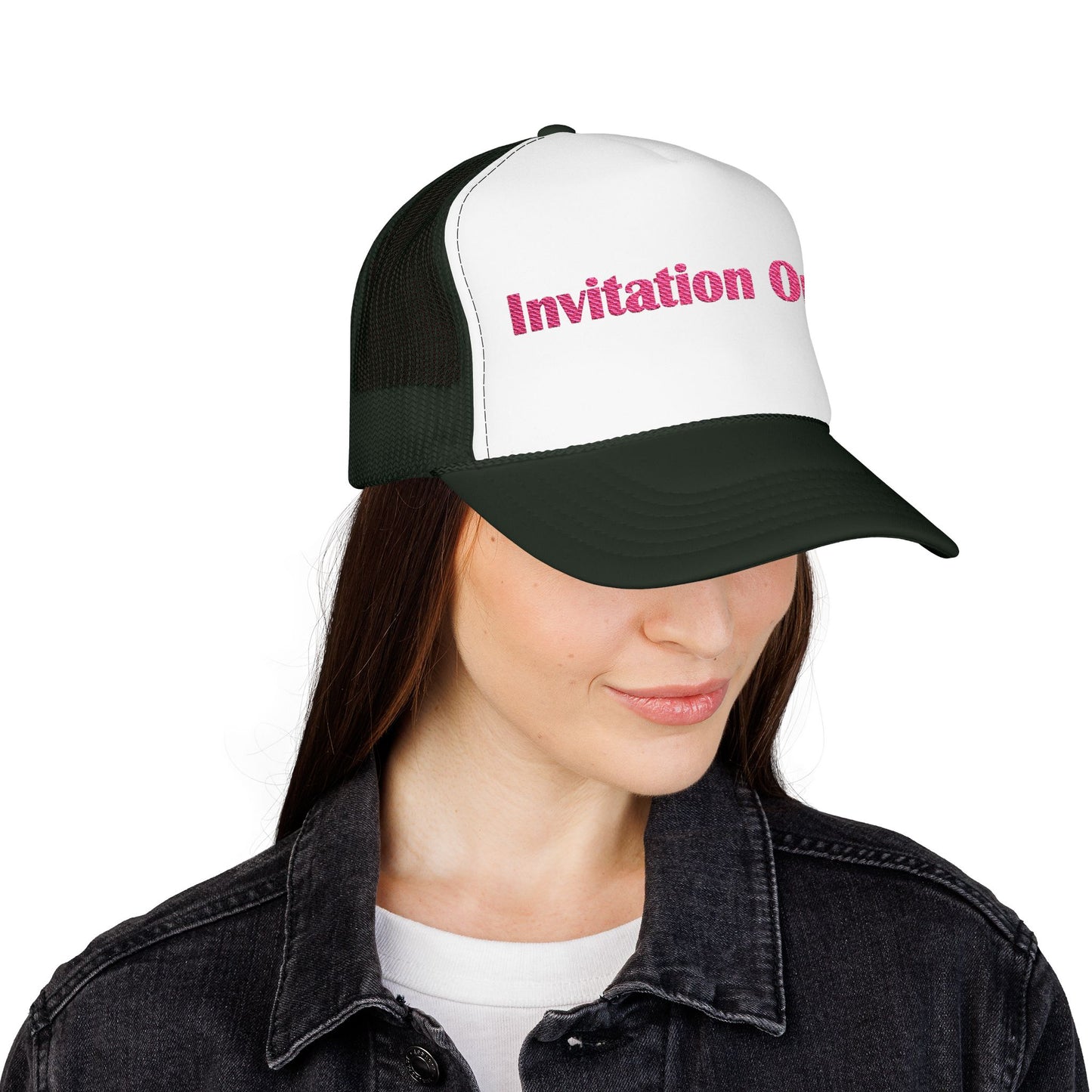 Invitation Only Trucker Hat — Pink Text Foam Cap