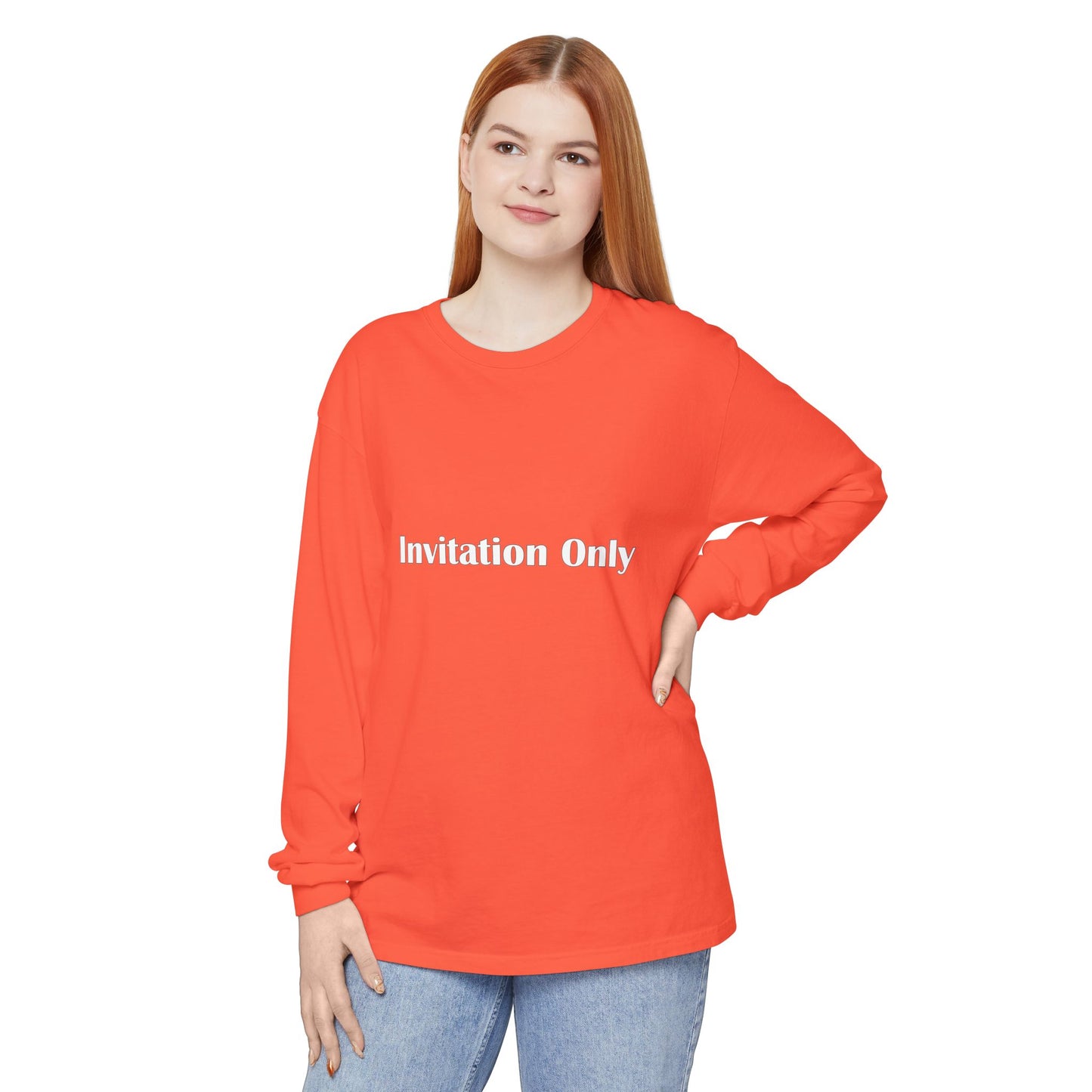 Invitation Only Long Sleeve Tee — Minimal Pink Text Graphic