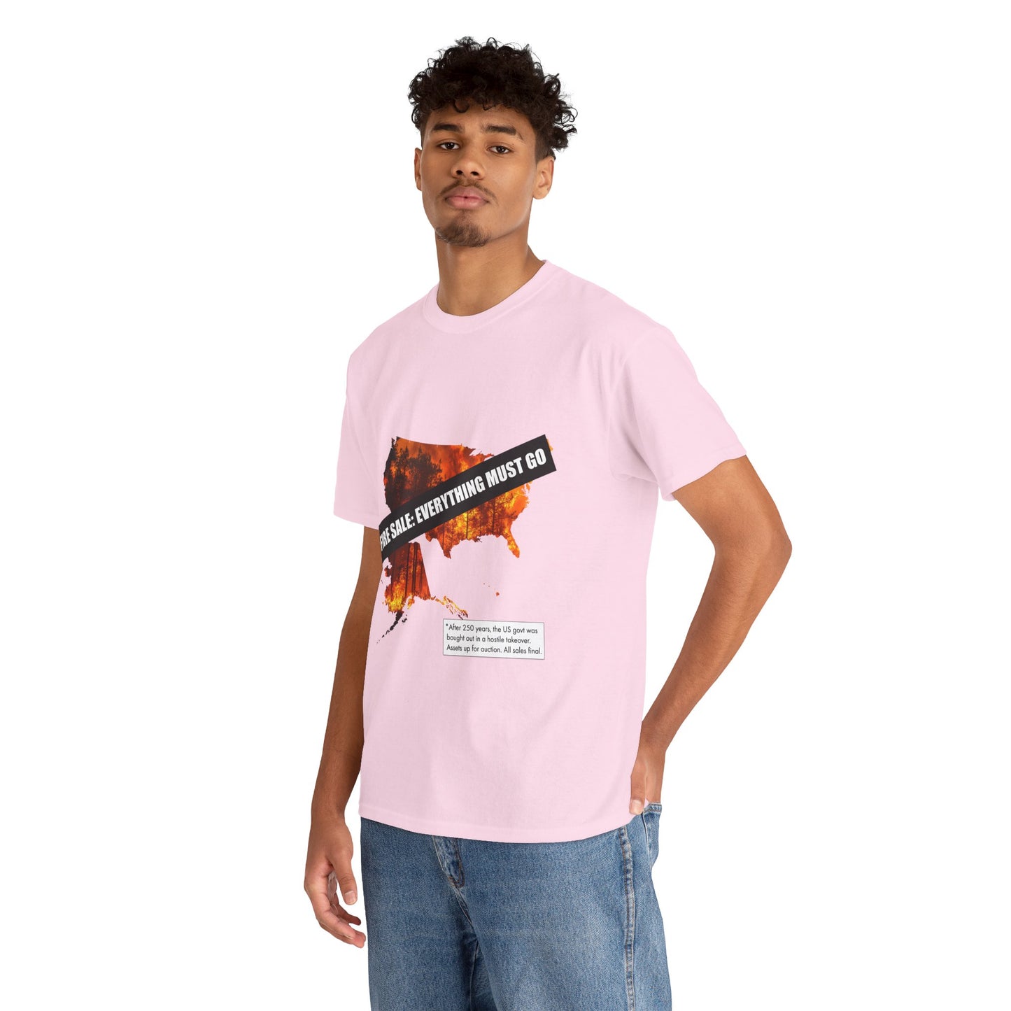 250th anniversary T-Shirt — USA on Fire Graphic Tee with “Fire Sale: Everything Must Go” Text