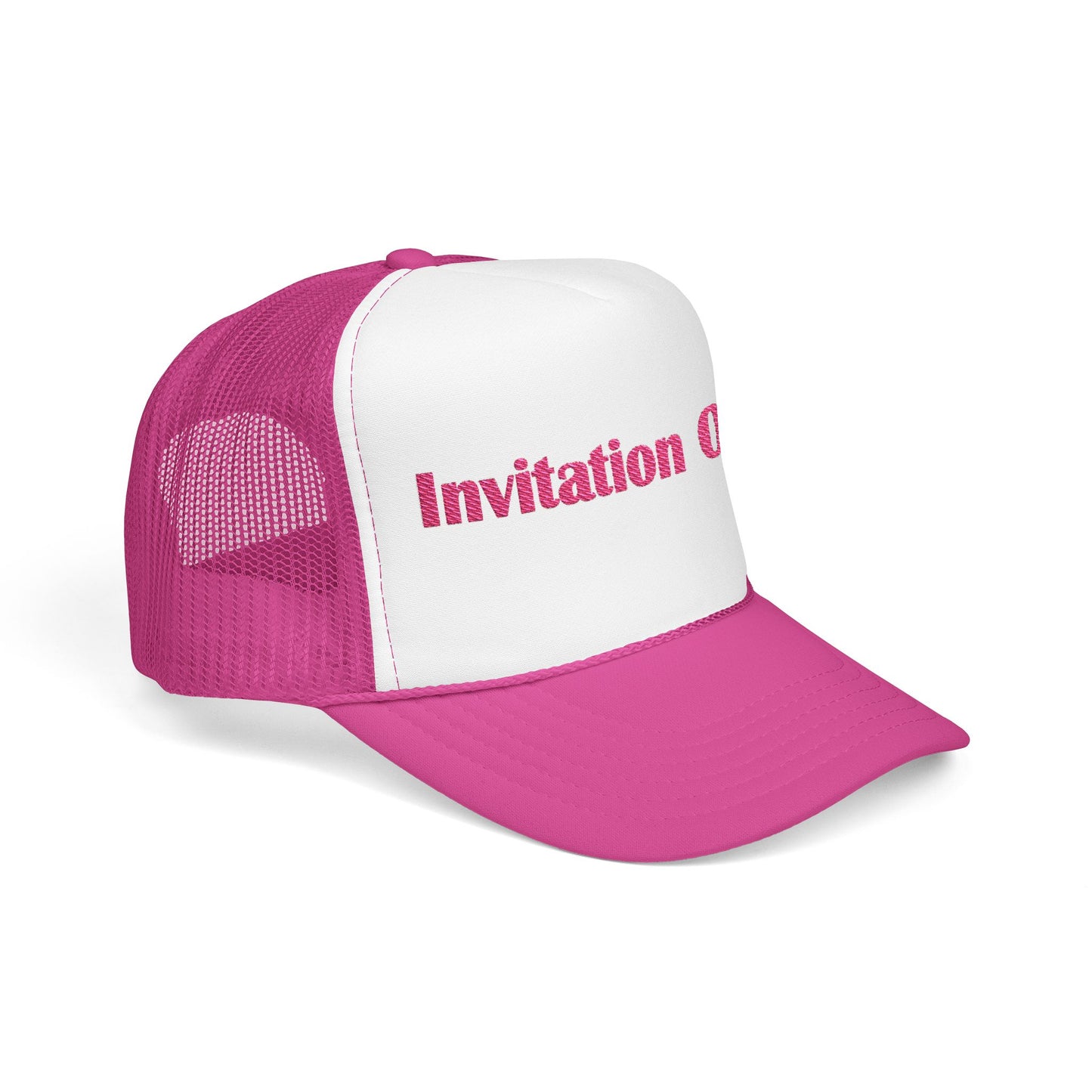 Invitation Only Trucker Hat — Pink Text Foam Cap